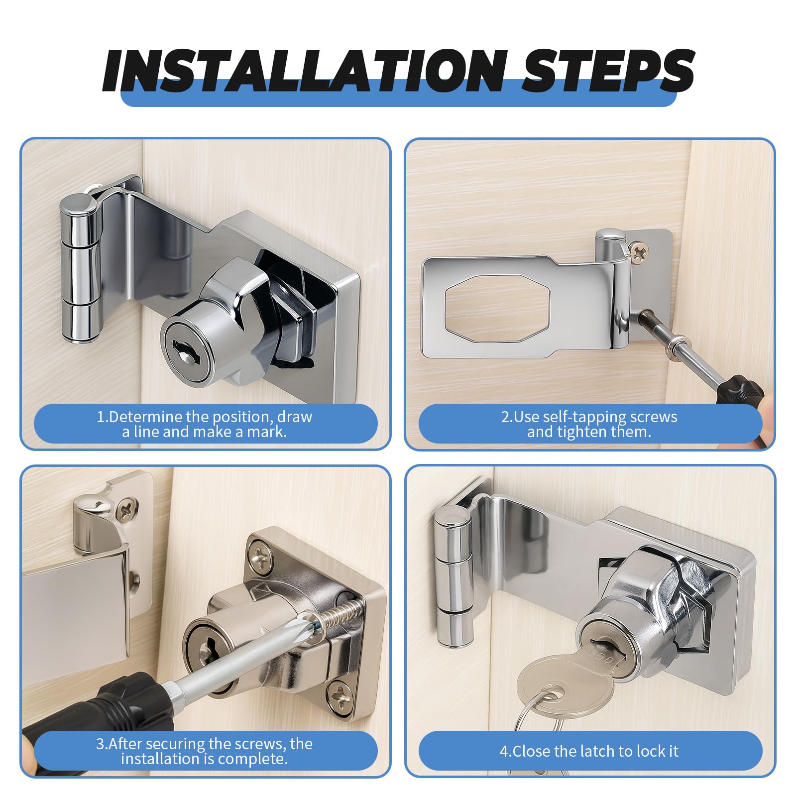 Keyed Hasp Lock Right Angle 90 Degrees Lock Hasp with Padlock and Keys, Zinc Alloy Shed Door Clasp Latch - Image 4