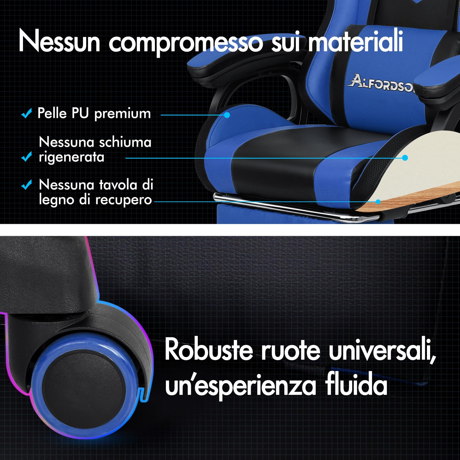 ALFORDSON Sedia Gaming Massaggiante con Luci LED y Poggiapiedi Blu | Poltrona Gamer in Similpelle Serie MARC, Cuscini schiena e lombare con massaggio, poggiatesta e supporto lombare
