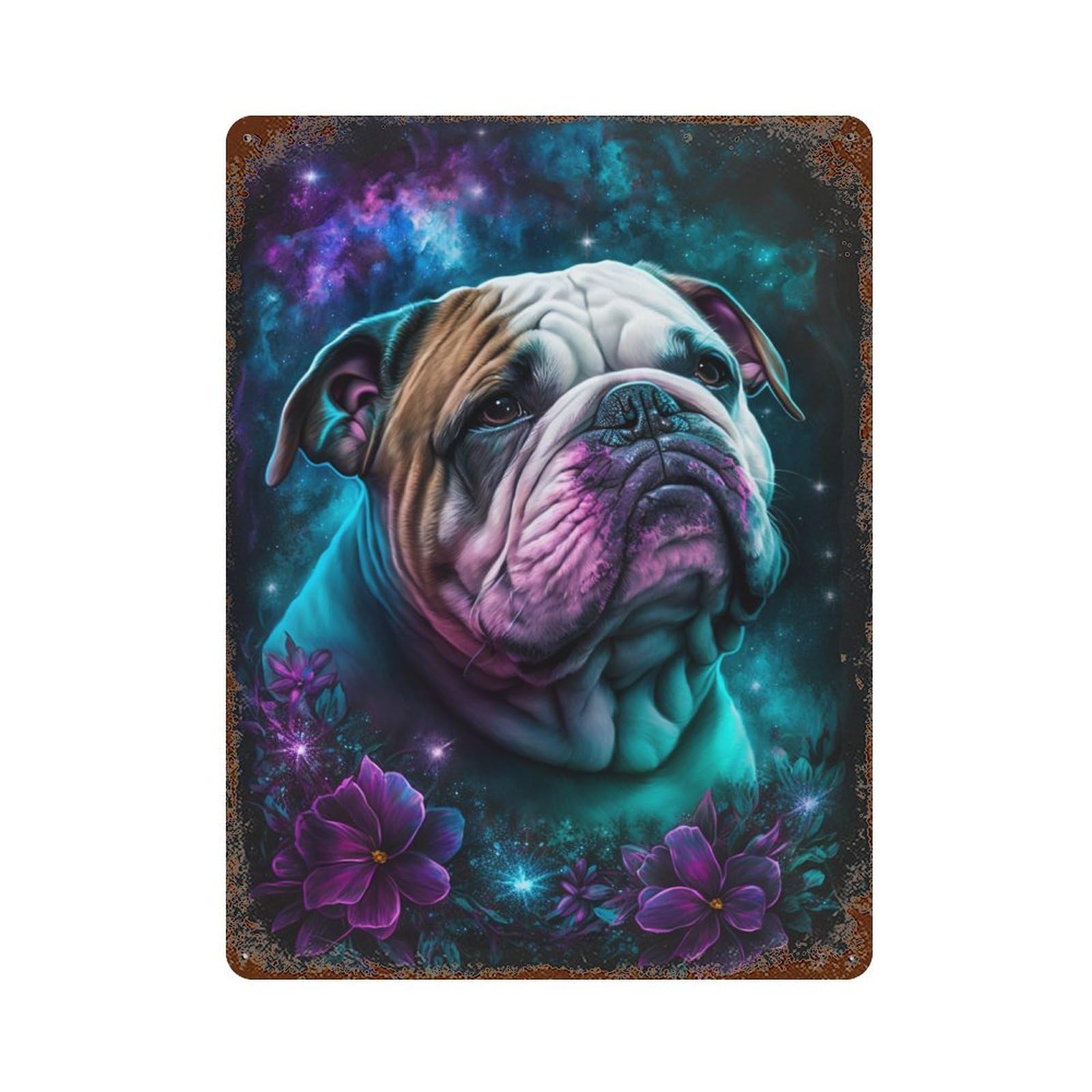 Galactic Bulldog with Flowers Rust Effect Tin Sign 15.7"x11.8", Rustic Home Decor for Garage, Bar And Workshop Decor