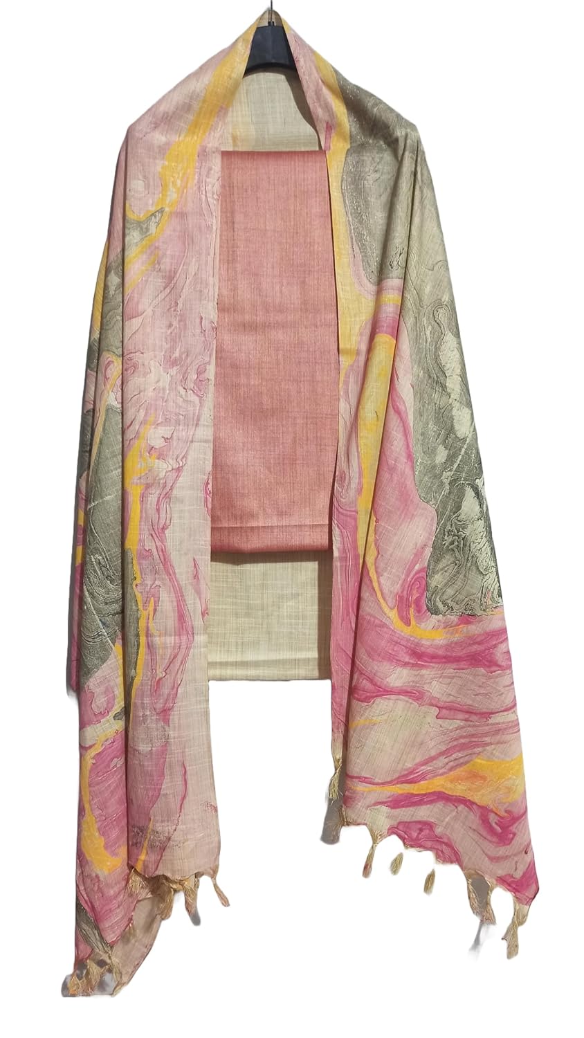 HAIDER ALI Handloom Cotton Silk Unstitched Suit Set for Women with Marble Print Dupatta | Salwar Suit Dress Material for W...