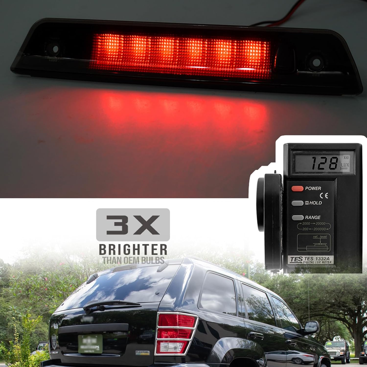 NSLUMO Led Third Brake Light for 2005-2010 J-eep Grand Cherokee WK LED 3rd Brake Center High Mount Stop Lamp Replacement Smoked Lens Red CHMSL OEM 55157397AD