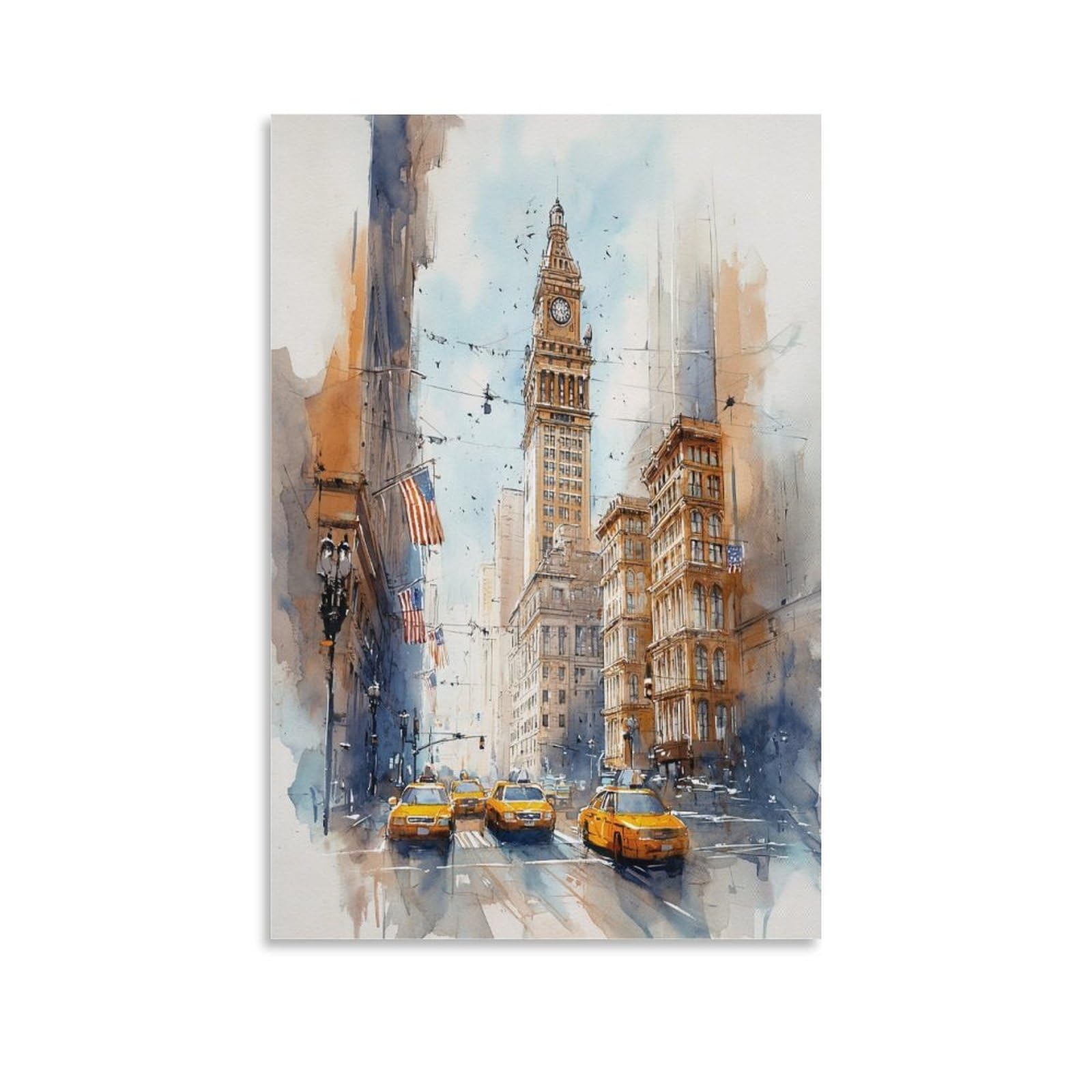 XWYMXZ New York Watercolor Brooklyn Bridge 20x30inch(50x75cm) Vintage Travel Poster Watercolor Canvas Art