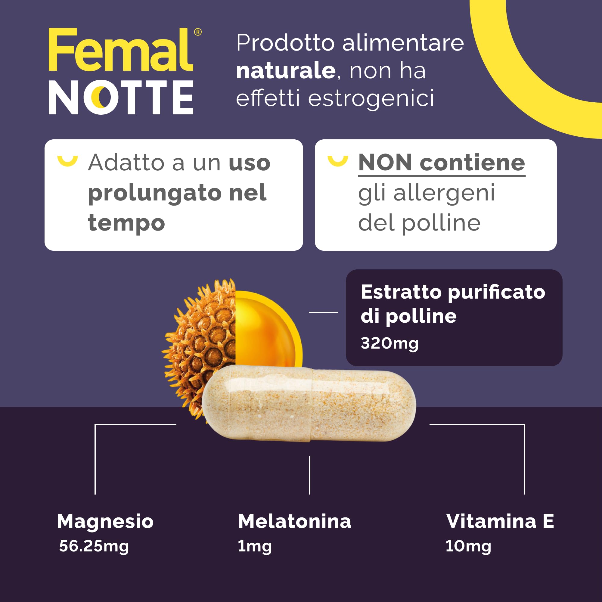 Femal Notte Menopausa, 30 Capsule, Integratore Alimentare Naturale Non Ormonale per contrastare i disturbi del Sonno, Estratto di Polline, Melatonina e Magnesio, Senza Glutine