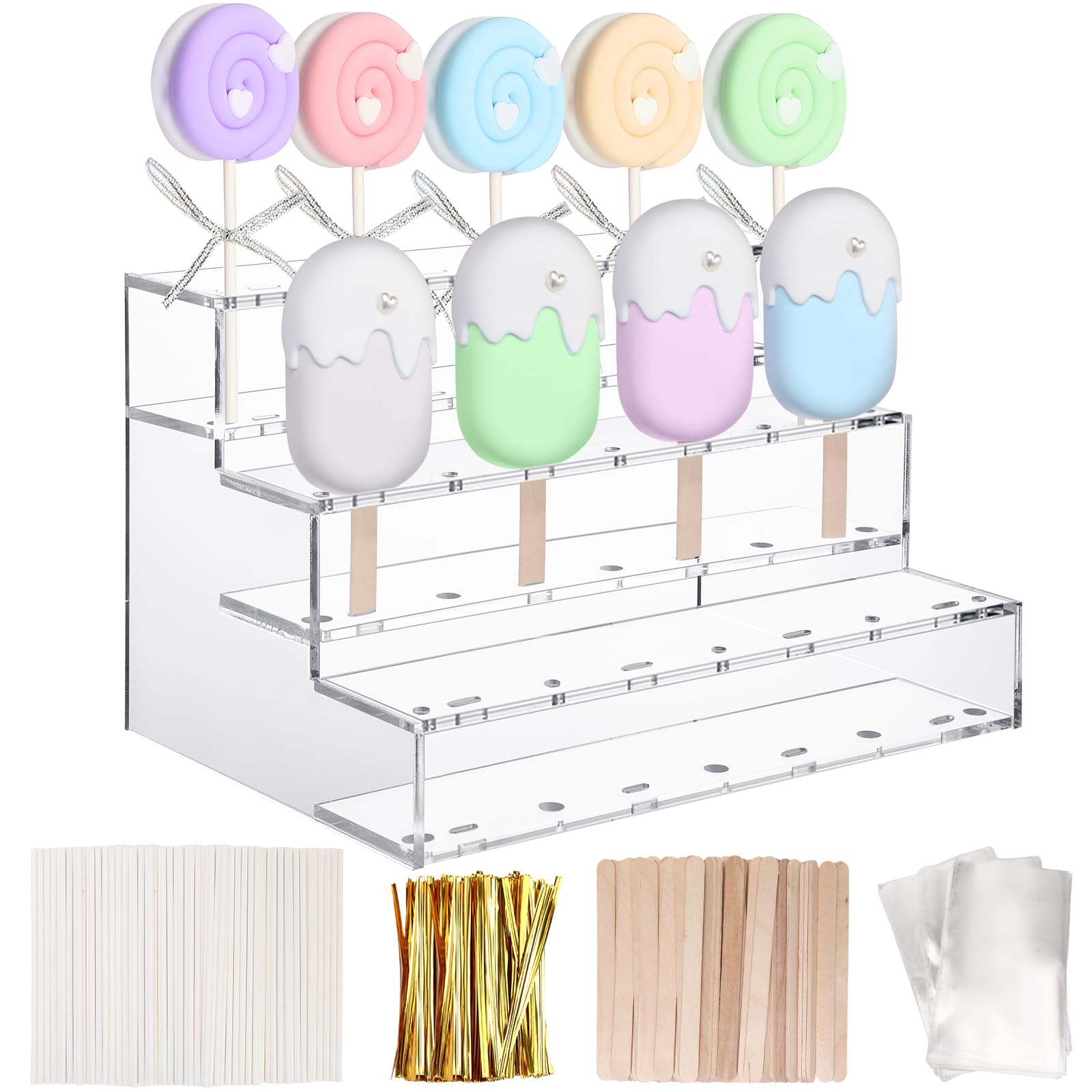 Thyle 3 Tier Acrylic Cakesicle Display Stand Cake Pop Holder 100 Pcs Paper Lollipop Sticks 50 Pcs Wood Cakesicle Sticks 100 Pcs Treat Bags 100 Gold Twist Ties for Birthday Baby Shower Dessert Table