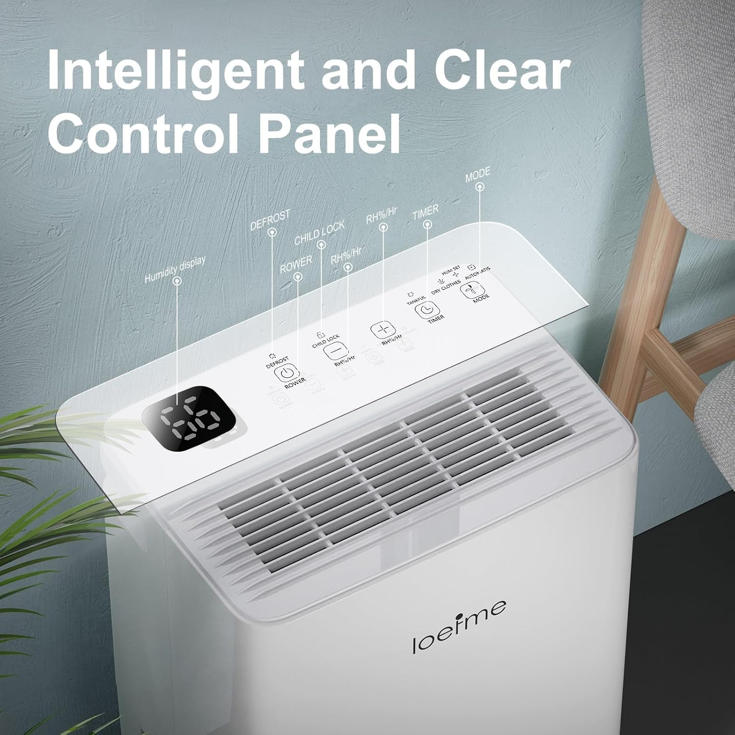 LOEFME Dehumidifier control panel with labeled functions