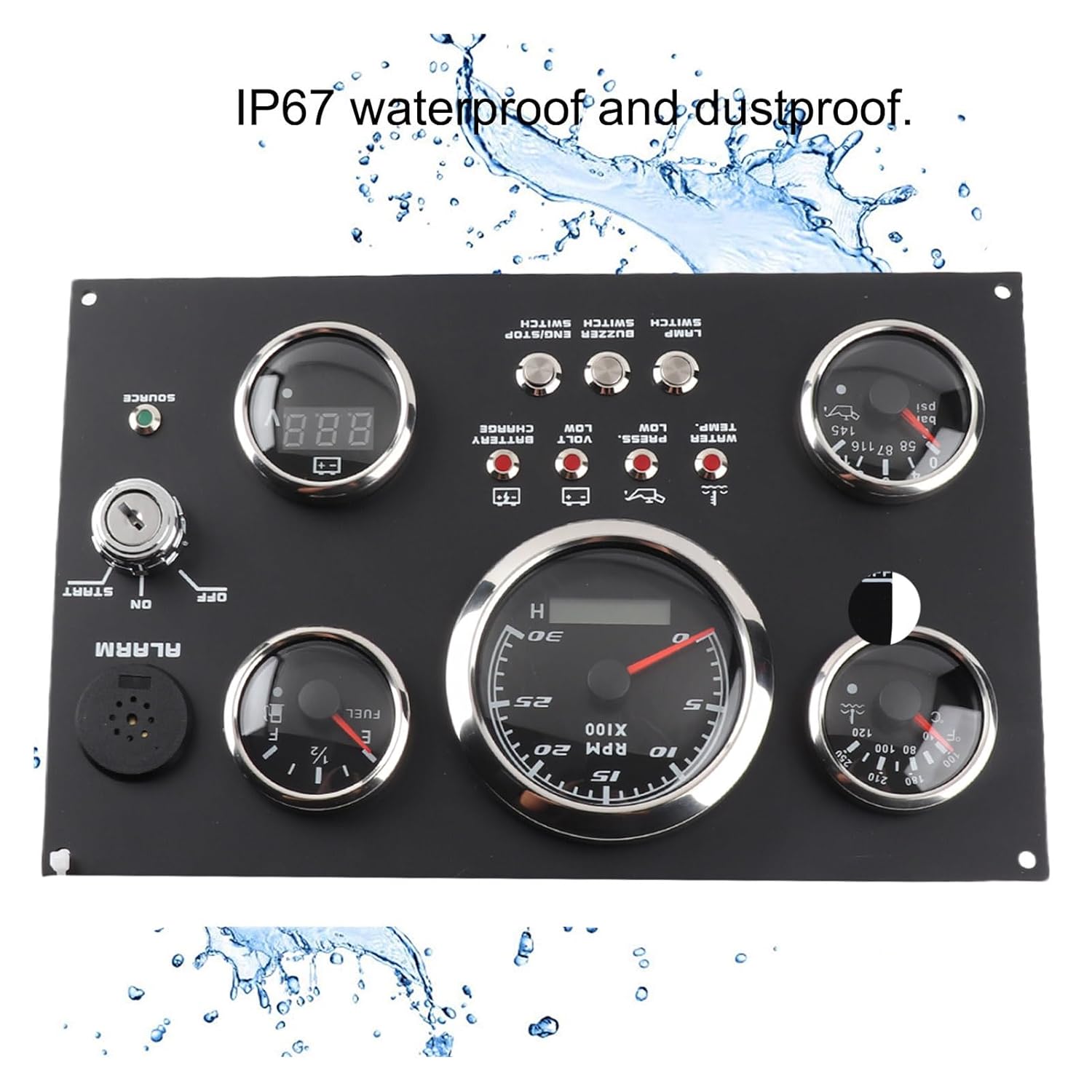 5in1 Dashboard Gauge Set, IP67 Digital Gauge Cluster Engine RPM Fuel Level Oil Pressure Water Temp Voltage Meter Replacement for RV Boat Yacht