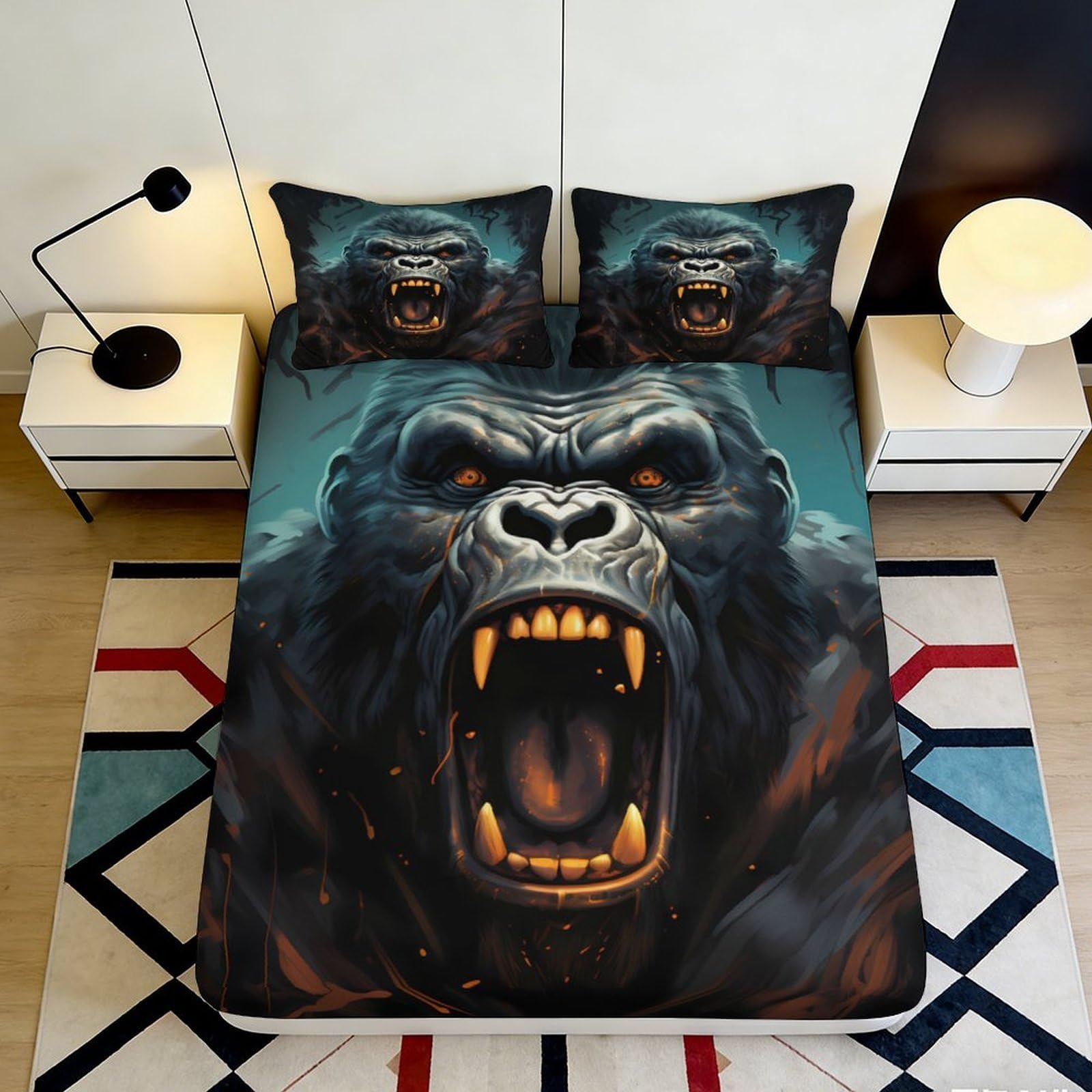 3D Printed Fierce Gorilla Fitted Sheet Microfiber Soft Breathable Monster King Mattress Cover for Bedroom Decor 120x200x25cm