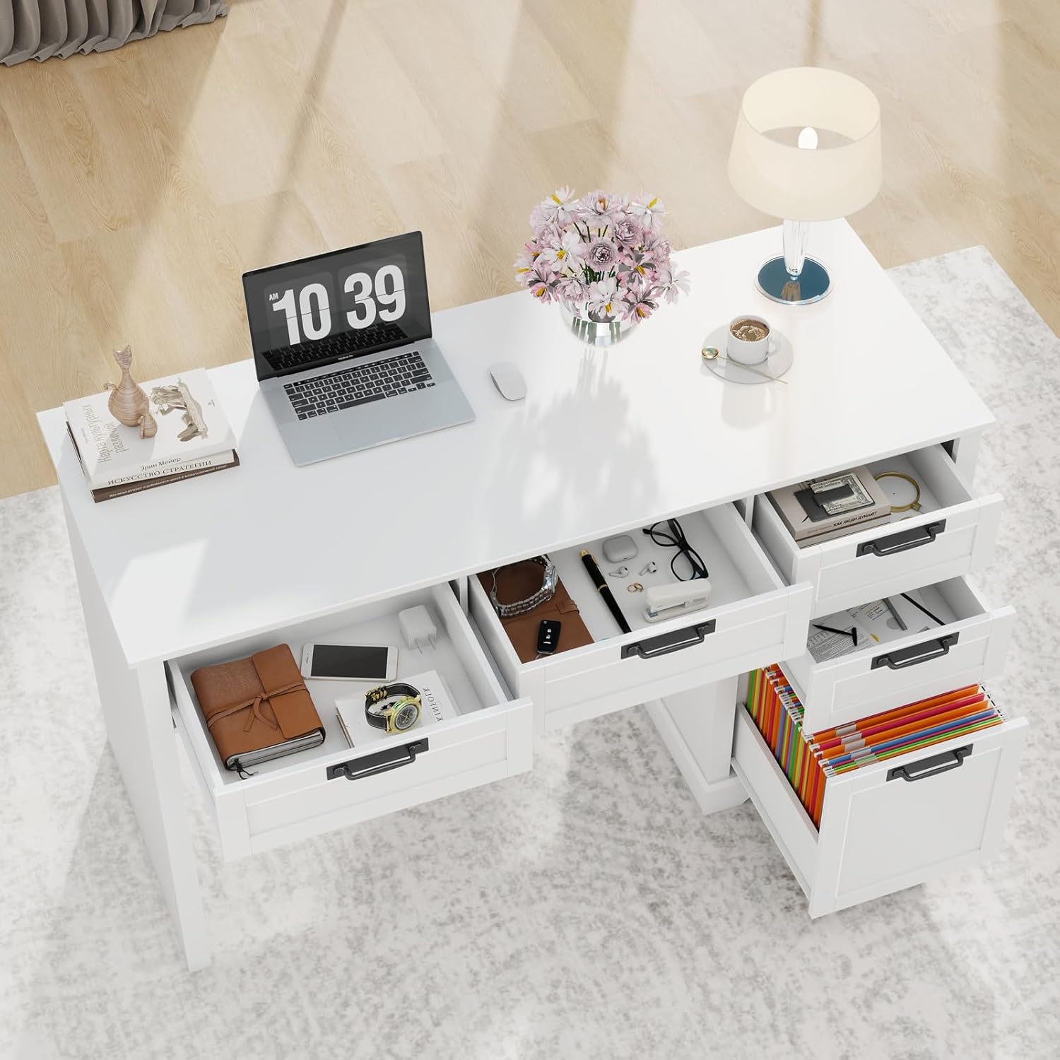 Vabches 55" Farmhouse Home Office Desk with File Drawer, Executive Computer Desk with 4 Storage Drawers, Rustic Computer Desk for Working, Studying, Writing, White