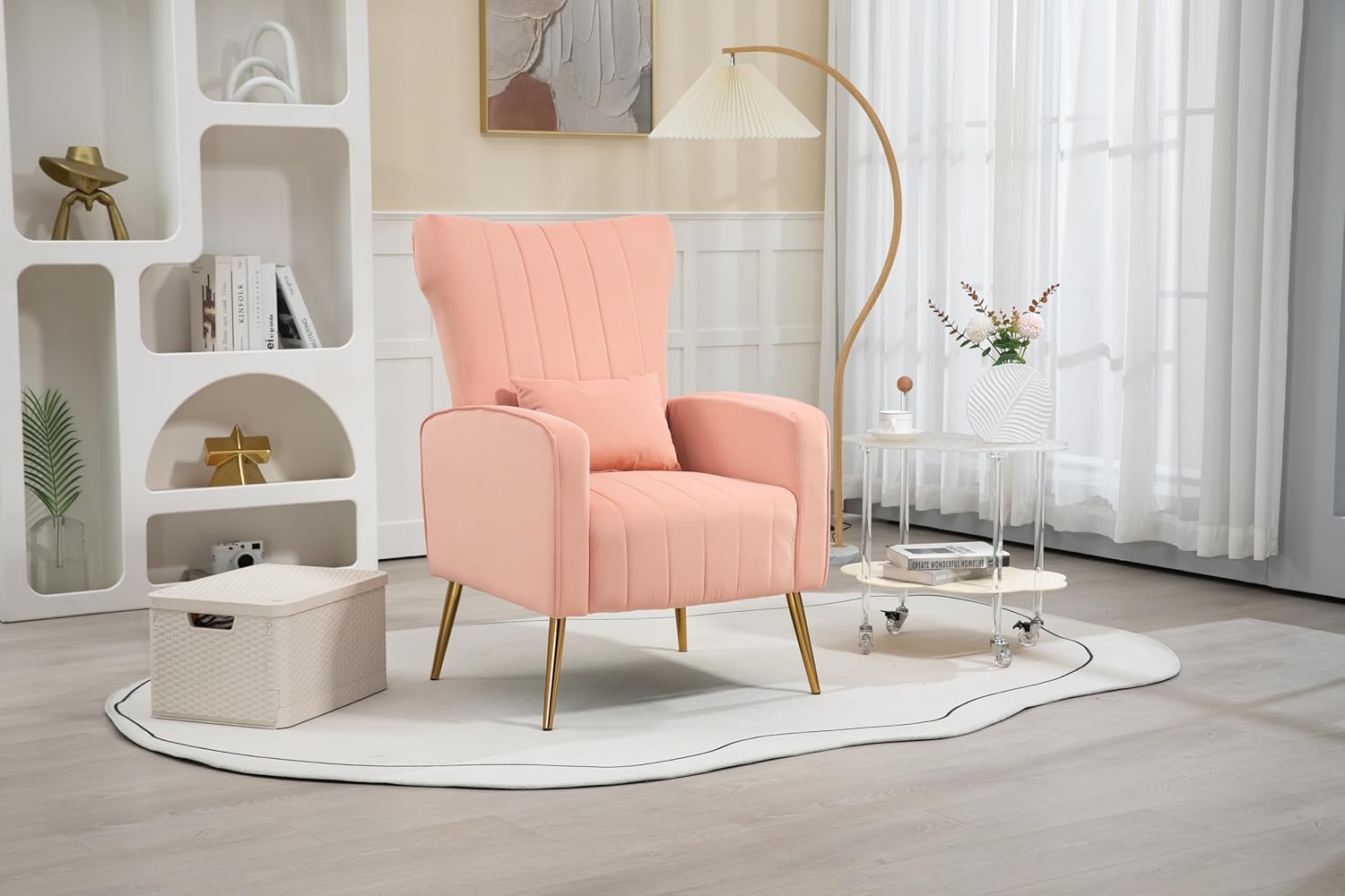 ZOBIDO Modern Accent Velvet Chairs Comfy Upholstered Vanity Chairs for Bedroom Armchair Dining Chairs with Golden Metal Legs Desk Chair Single Person sofafor Living Room (Bright Pink)