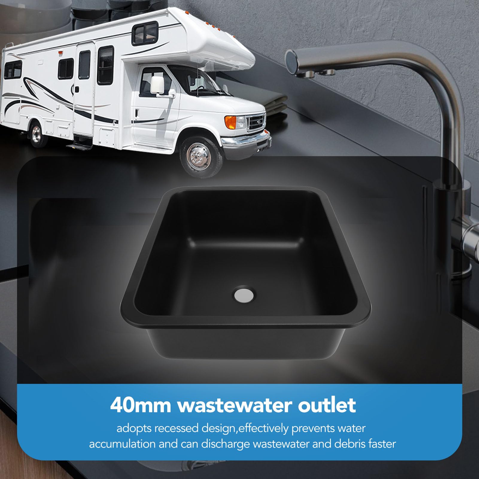 FLEXMAN Wohnmobil Spüle, 400 X 360 X 150 mm, Wohnmobil Küchenspüle mit Gummidichtung, Edelstahl Einzelbecken, Tiefes Rechteckiges Küchenwaschbecken für Wohnwagen, Wohnmobil, Boot (Schwarz)