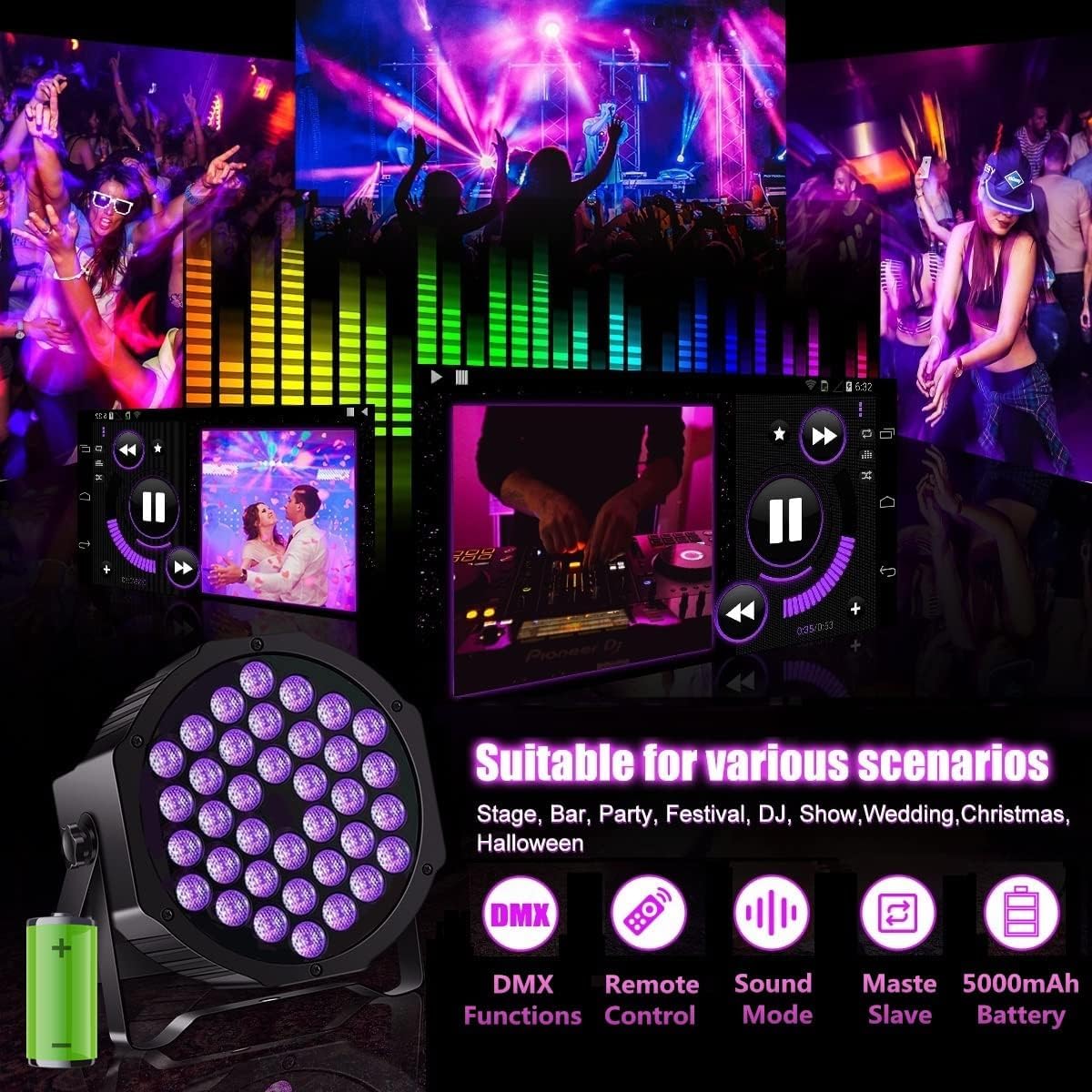 4 pezzi luce UV nera, faretto a luce nera DMX512 con telecomando per discoteca DJ party club KTV matrimonio Halloween bagliore fluorescente