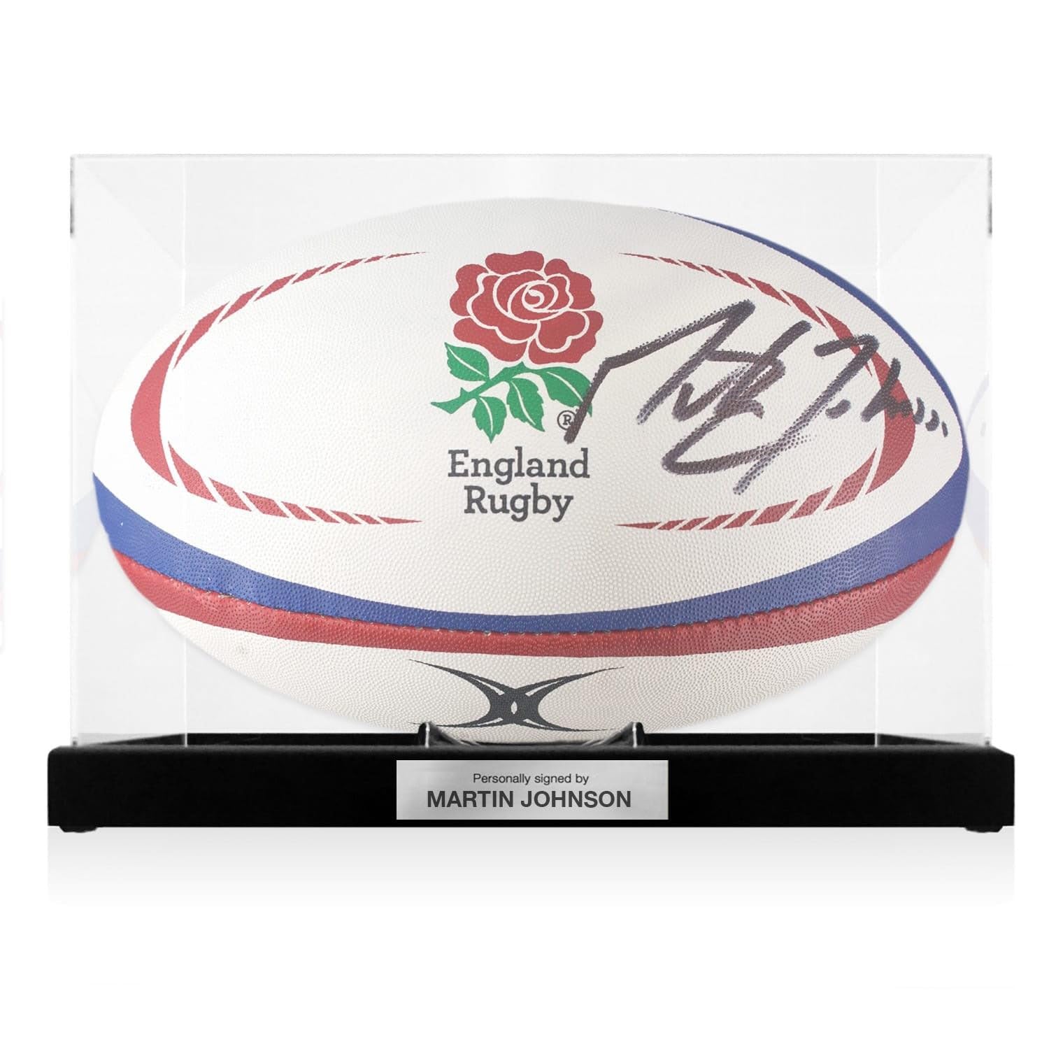 Pallone da rugby inglese firmato da Martin Johnson. In vetrina con targa