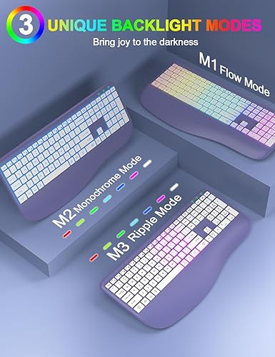 Miniatura 6 de Teclado y mouse inalámbricos con retroiluminación de 7 colores, reposamuñecas, 2.4G recargable ergonómico iluminado tamaño completo teclado