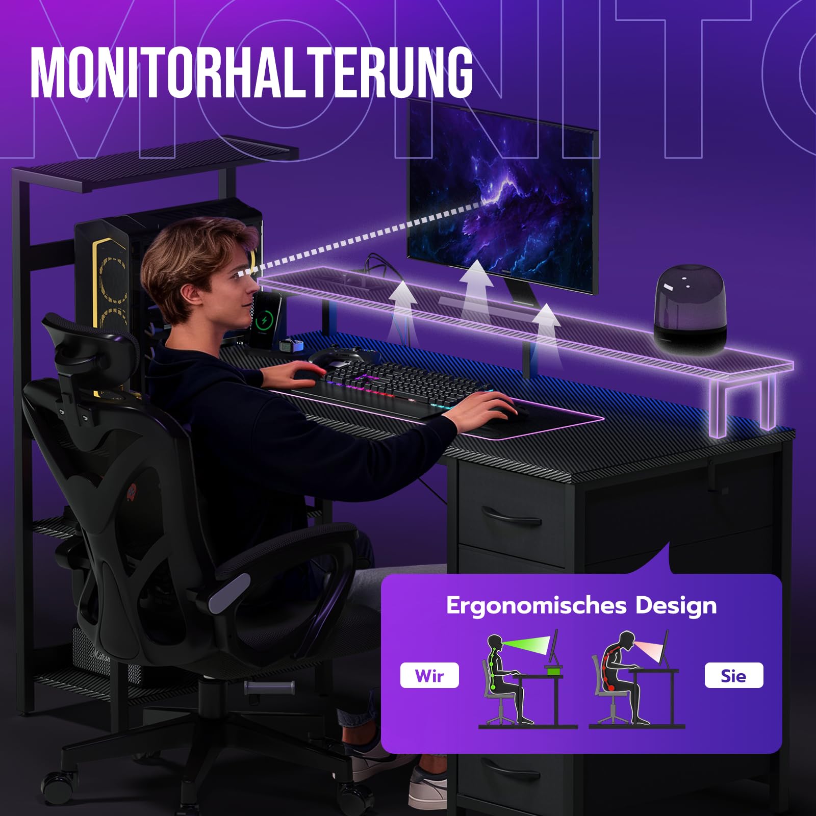 YOUDENOVA Gaming Schreibtisch 130 * 50cm,Gaming Tisch mit LED-Beleuchtung & Steckdose,Computertisch mit Schubladen,Carbon Fiber Schwarz