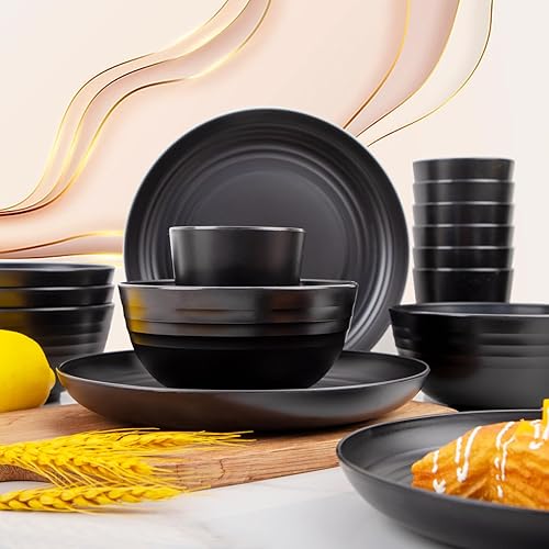 Miniatura 8 de LIYH - Juego de 12 vajilla de paja de trigo negro de 36 piezas, platos y cuencos de plástico, platos de plástico irrompibles aptos para