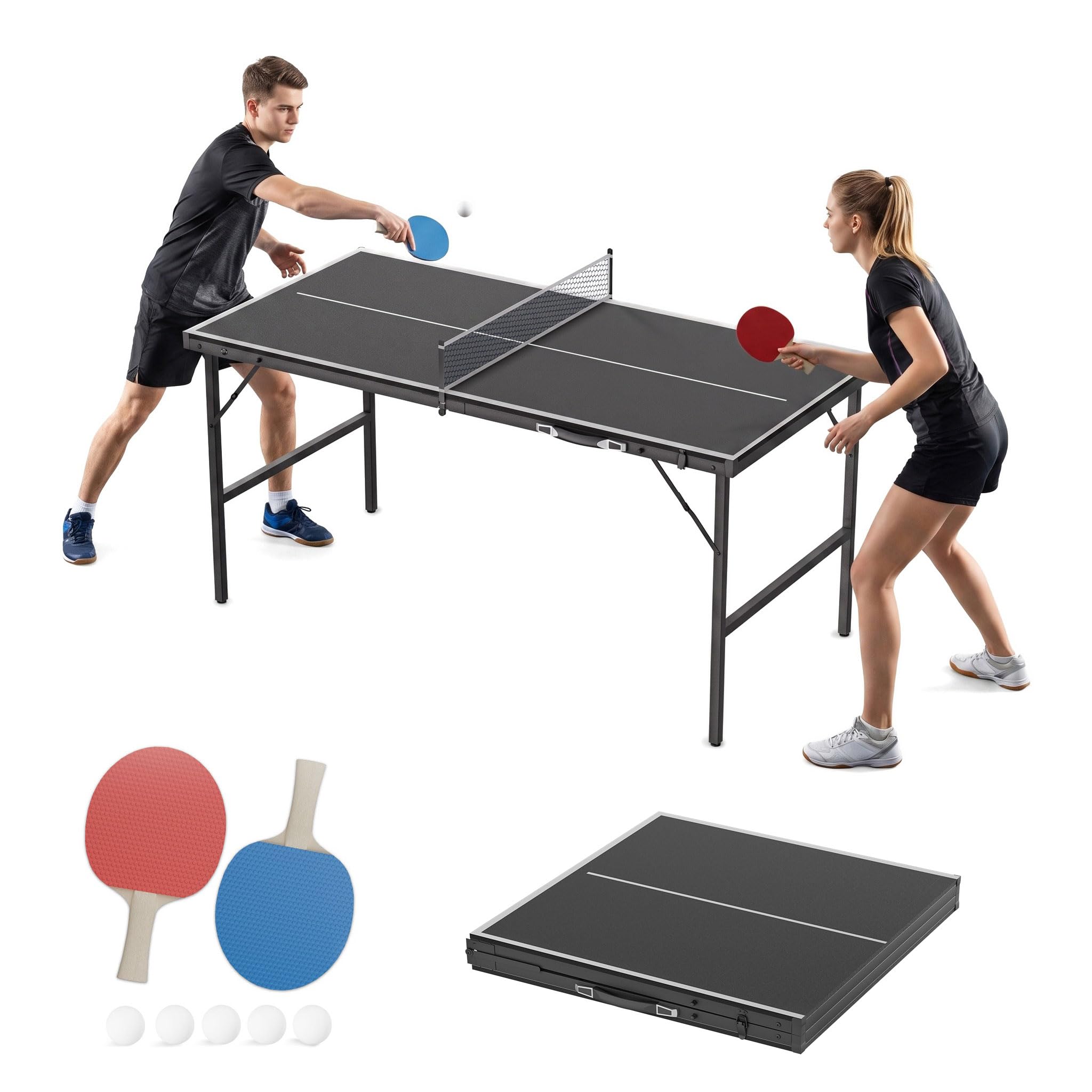 UISEBRT Mini Tischtennisplatte klappbar 152.5x76cm, MDF Tischplatte mit Metallgestell, komplettes Ping Pong Set mit 2 Schlägern 5 Bällen Netz Tasche, Indoor & wettergeschützter Outdoor Tisch