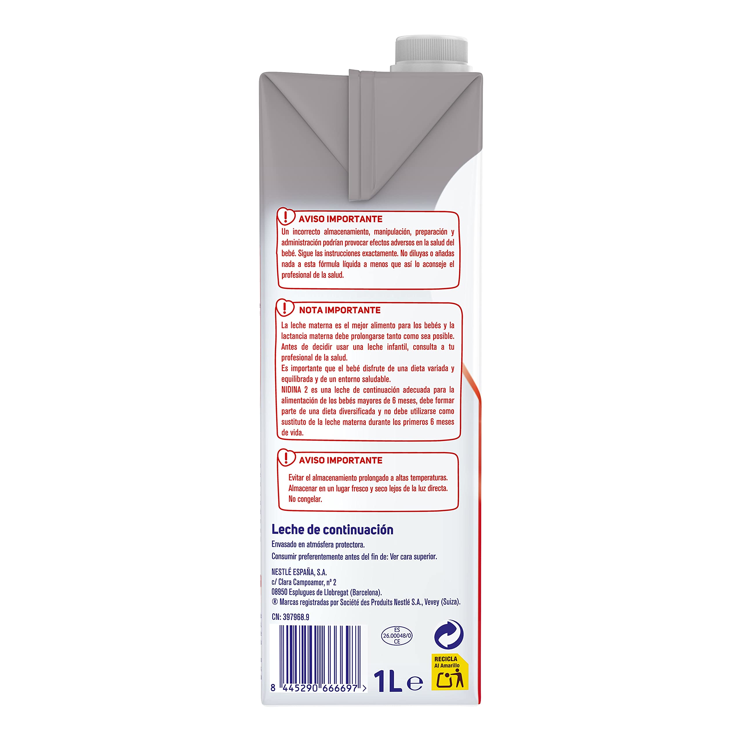 Nestlé Nidina 2- Leche de continuación líquida para bebés a partir de los 6 meses, brik de 1 litro x 4 unidades