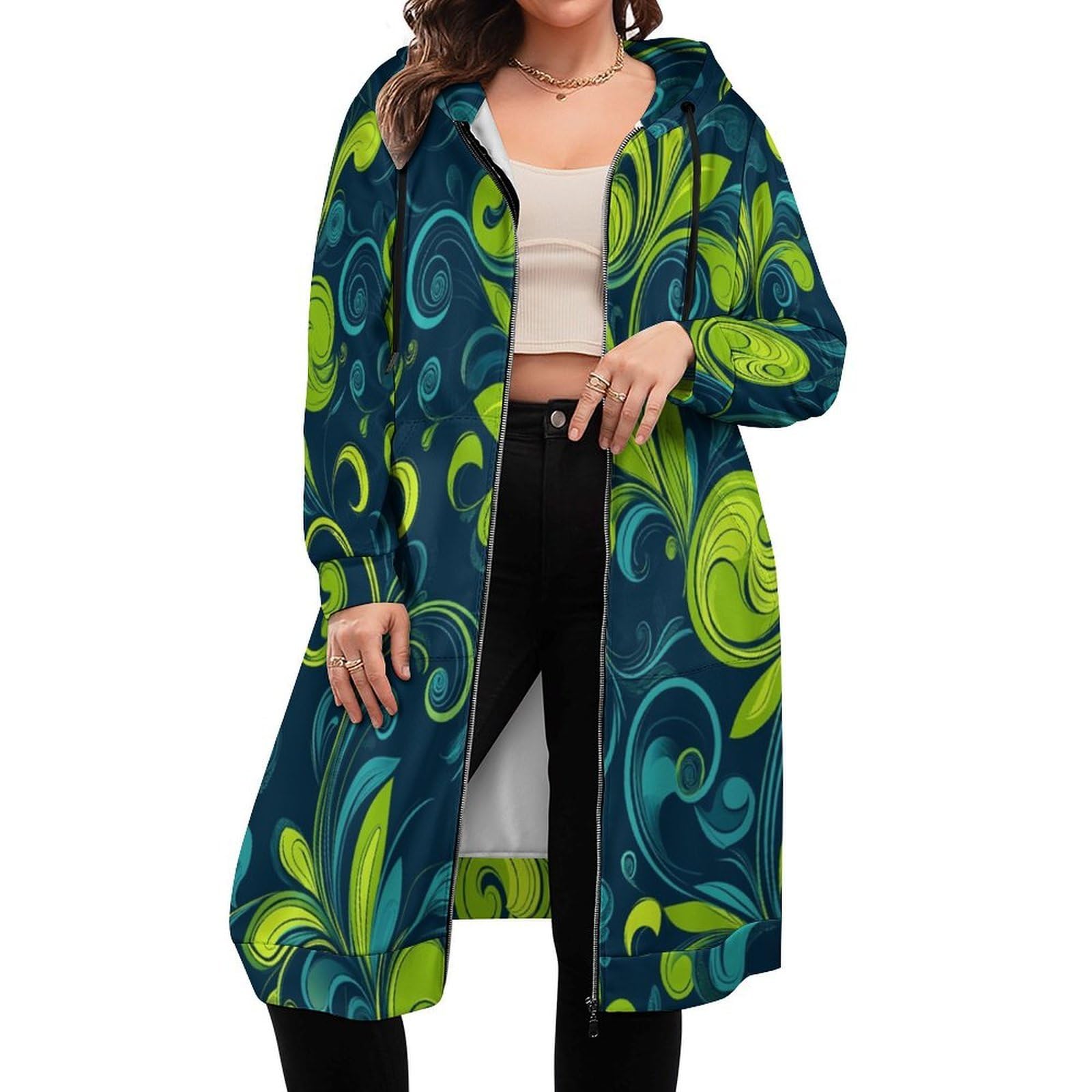 Felpa Donna con Zip Felpe Sportiva con Tasche E Cappuccio Vortici Verde Limone Morbida Invernale Giacca Regolabile Confortevole per Uso Quotidiano Casual