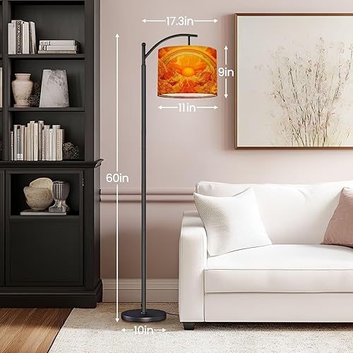 Miniatura 5 de Modern Arc Floor Lamp, Retro 70s Album Cover Art Mountains Sun Patterns Standing Lamp with Hanging Linen Shade Adjustable Foot Switch for Living
