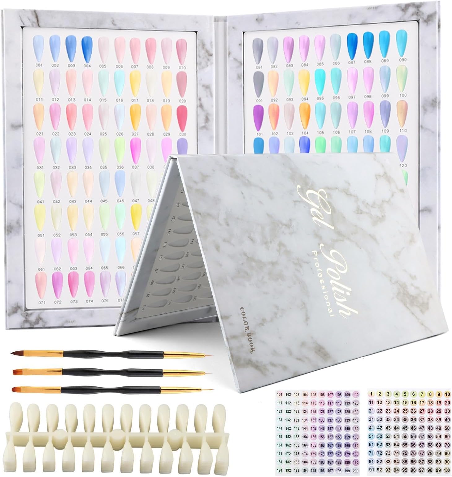 160 Nail Color Display Book with 240 Nail Tips and 1-200 Number Labels, Professional Gel Polish Colors Card Board Color Swatches Book with 3 Nails Pens for Nails Art Design