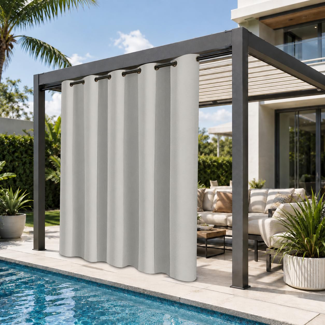 Rosnek Outdoor Curtains Waterproof Gazebo, W 71" x L 96" Extra Wide Patio Curtain, Thermal Insulated Eyelet Garden Drapes for Pergola, Patio, Porch Cover, 1 Panel with Tieback, Light Gray