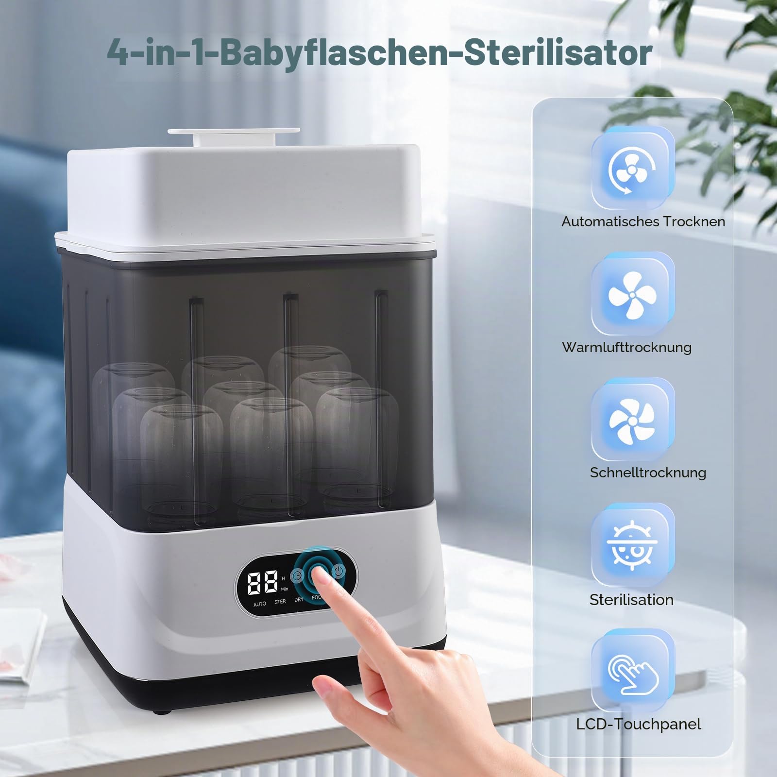 Babyflaschen Sterilisator und Trockner, Sterilisator für Babyflaschen mit Trocknerfunktion Sterilisiert, Trocknet & Heizt,Schnuller-Sterilisator und Selbstabschaltung, 9 Flaschen Kapazität
