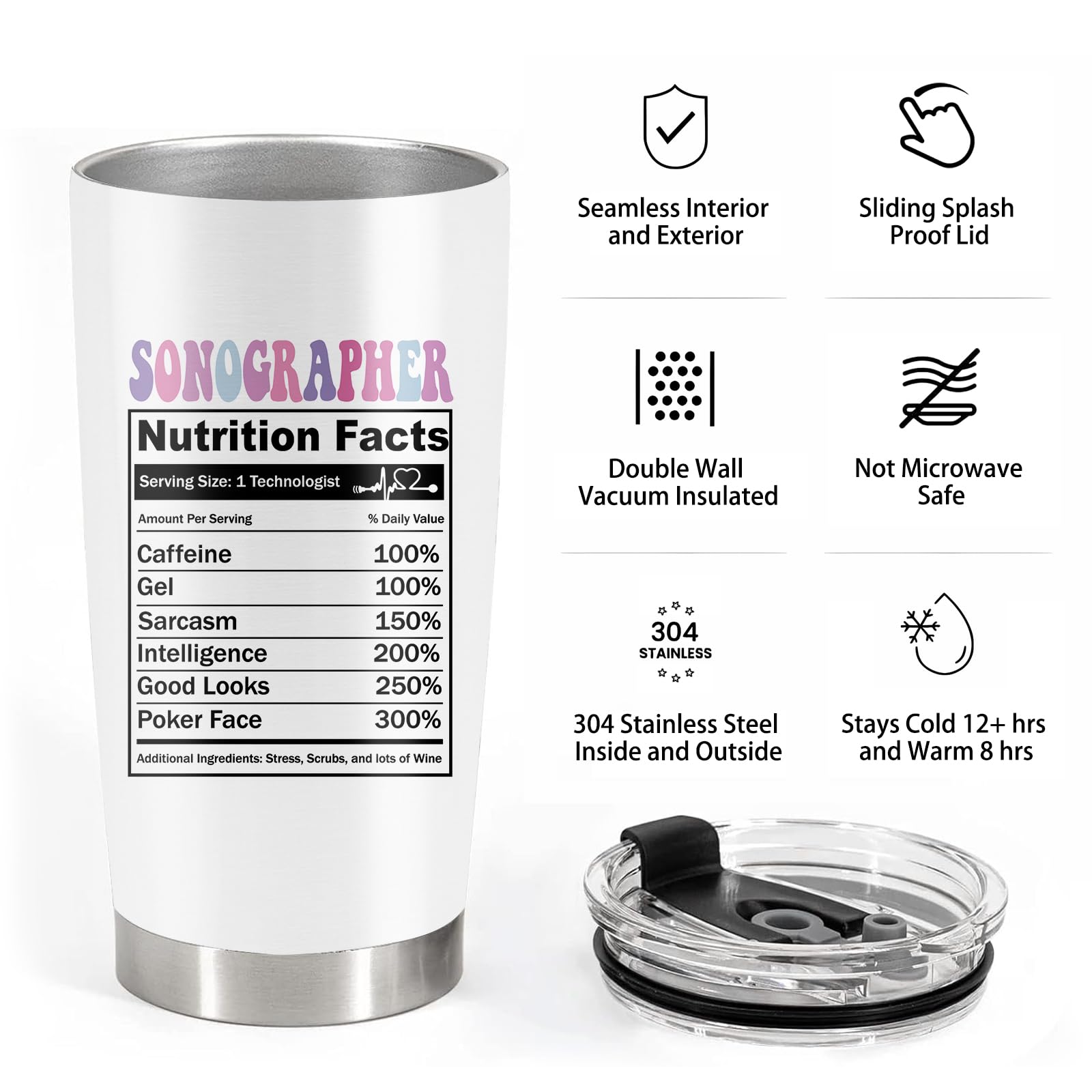 Sonographer Gifts, Ultrasound Tech Student Gifts, Sonographer Stainless Steel Insulated Tumbler with Lid and Straw 20Oz