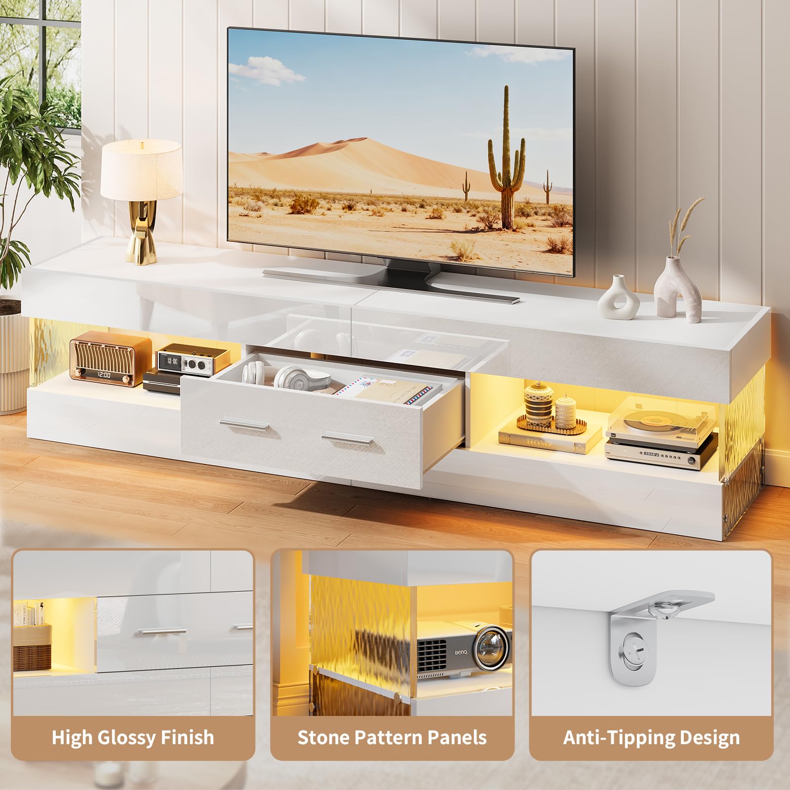 Bestier Mobile TV per TV da 75 pollici,moderno mobile TV laccato lucido,centro di intrattenimento a LED con ampio cassetto,consolle TV per soggiorno e camera da letto(bianco)