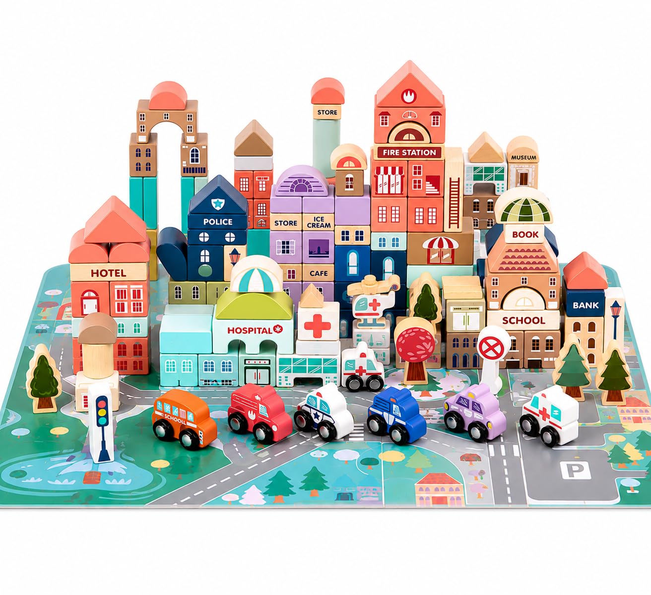 115 Pcs Wooden Building Blocks Toy Set for Kids, City Construction Stacker Stacking Preschool Learning Educational Toys Gifts for 3+ Boy Girl Toddler (115 Pieces Wooden City Blocks)-image-2