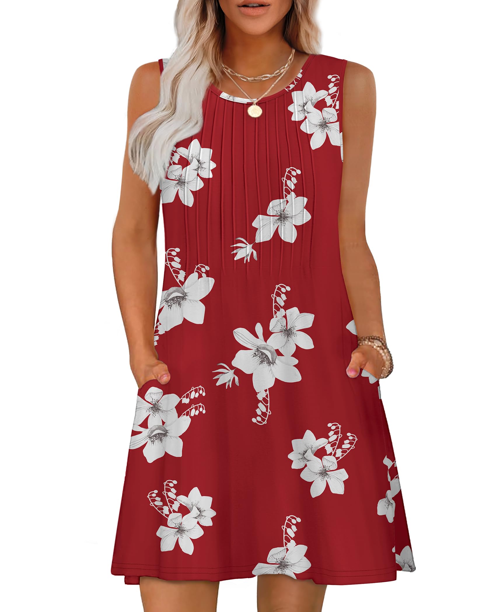 OFEEFAN Summer Dresses for Women 2025 Loose Beach Vacation Casual Crew Neck Sleeveless Sundresses with Pockets Tank Dress