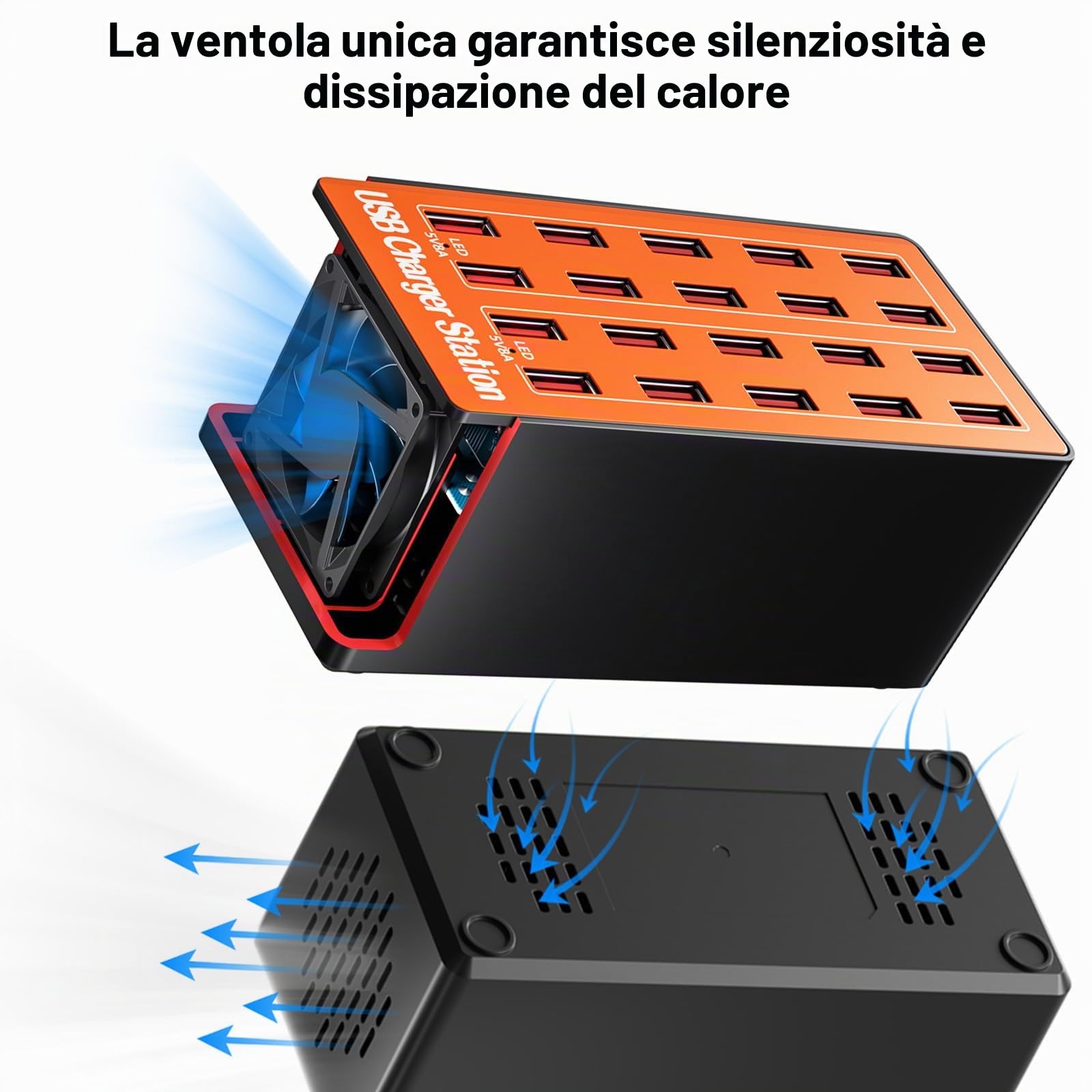 Caricabatterie USB Multiplo da 20 Porte, Stazione di Ricarica Intelligente da Scrivania con Ricarica Rapida e Design Compatto per iPhone, Samsung, Google e Altri Dispositivi