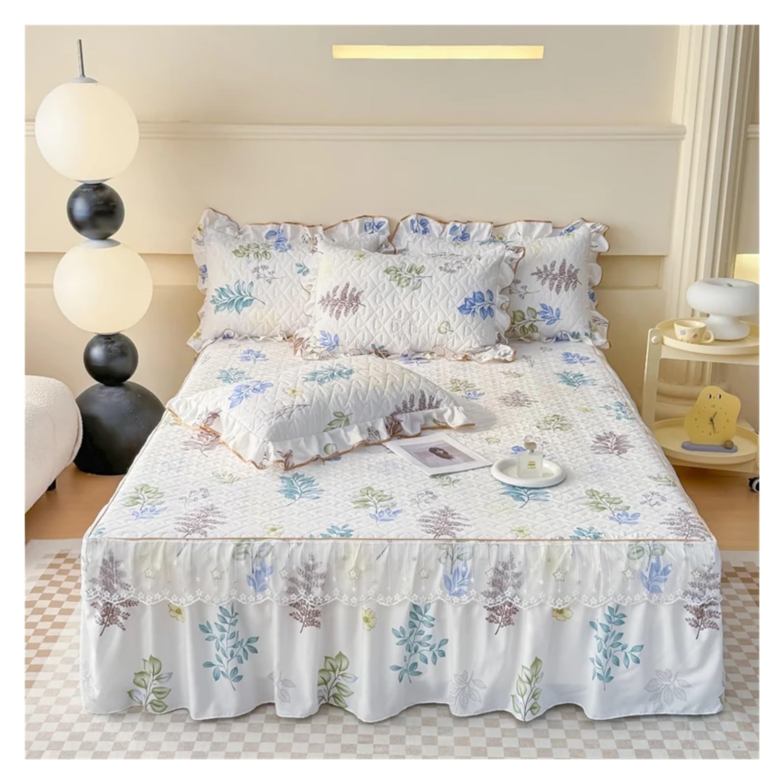 1pc Bed Skirt Thicken Ruffles Bedspread Floral Style Bed Cover Quilted Mattress Protector No Pillowcase(Color-07,180x200cm 1pc)