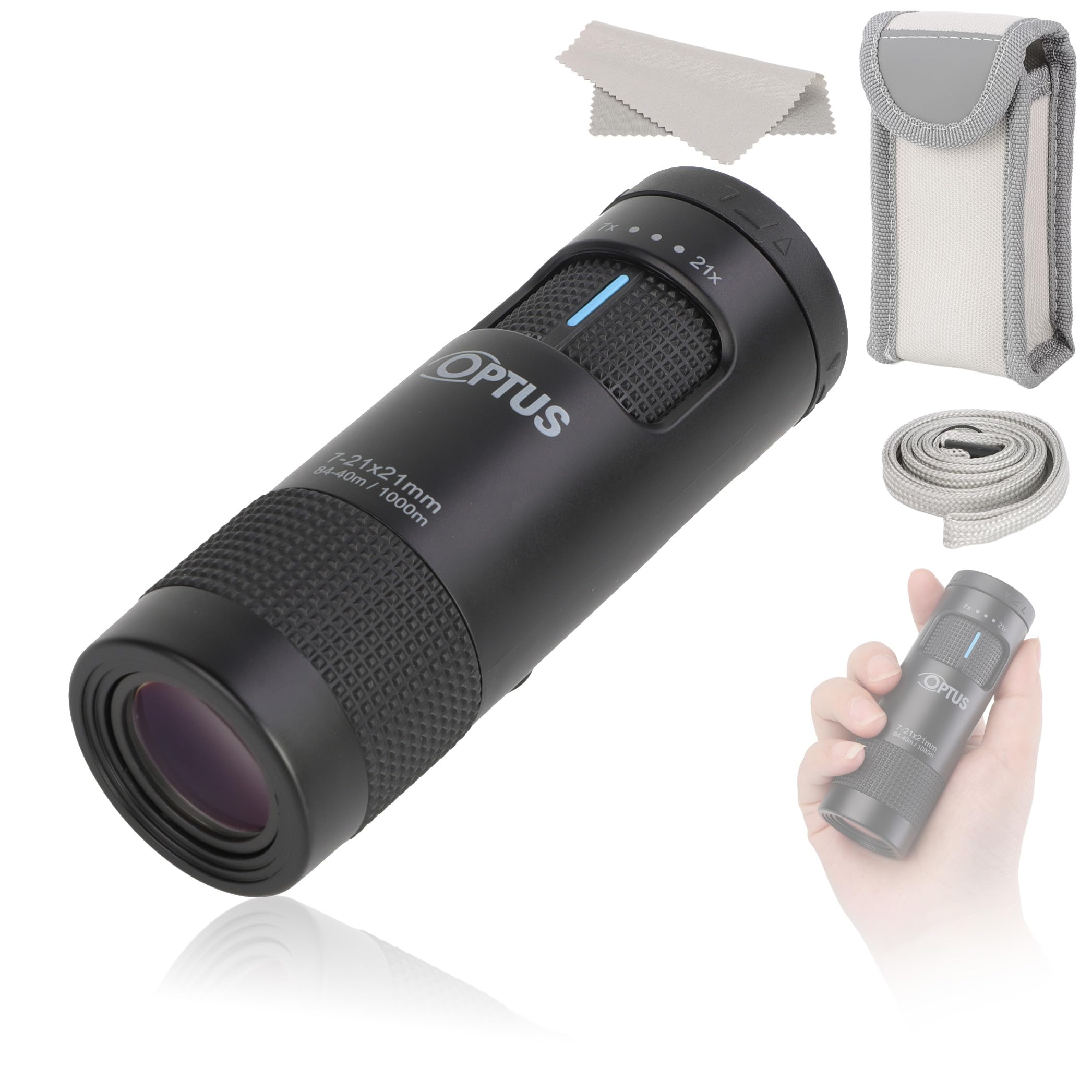 Optus Zoom Monokular 7-21x21 mit Stativanschluss Augenmuschel für Brillenträger kompaktes Fernrohr für Naturbeobachtung Jagd inkl. Tasche