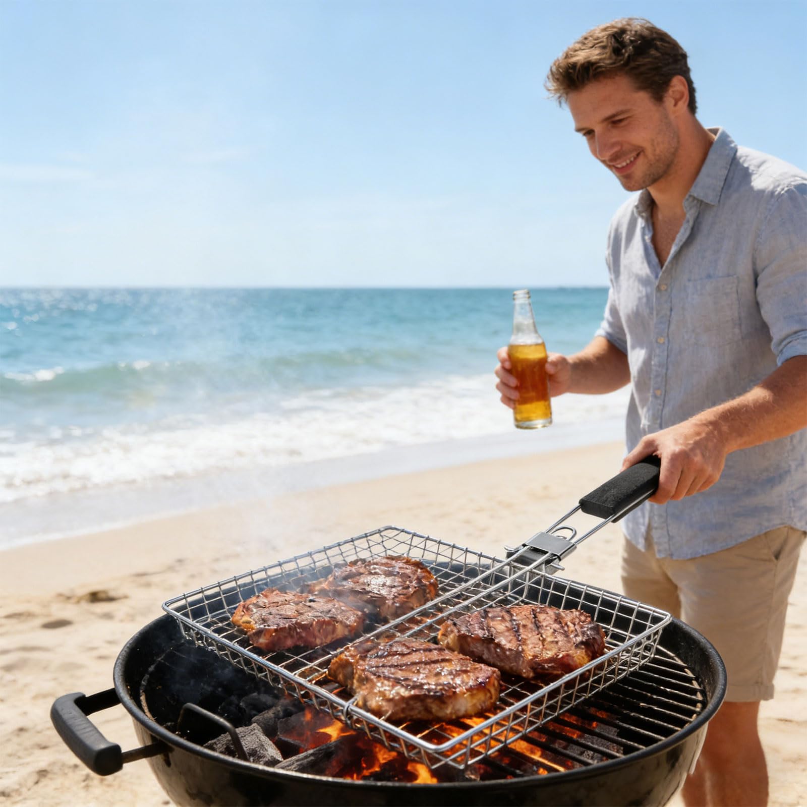 Koszyk do gotowania ryb ze stali nierdzewnej z klipsem blokującym, obracająca się konstrukcja do równomiernego ogrzewania na grillu Chal & Pellet Grills Outdoor Camping BBQ akcesoria
