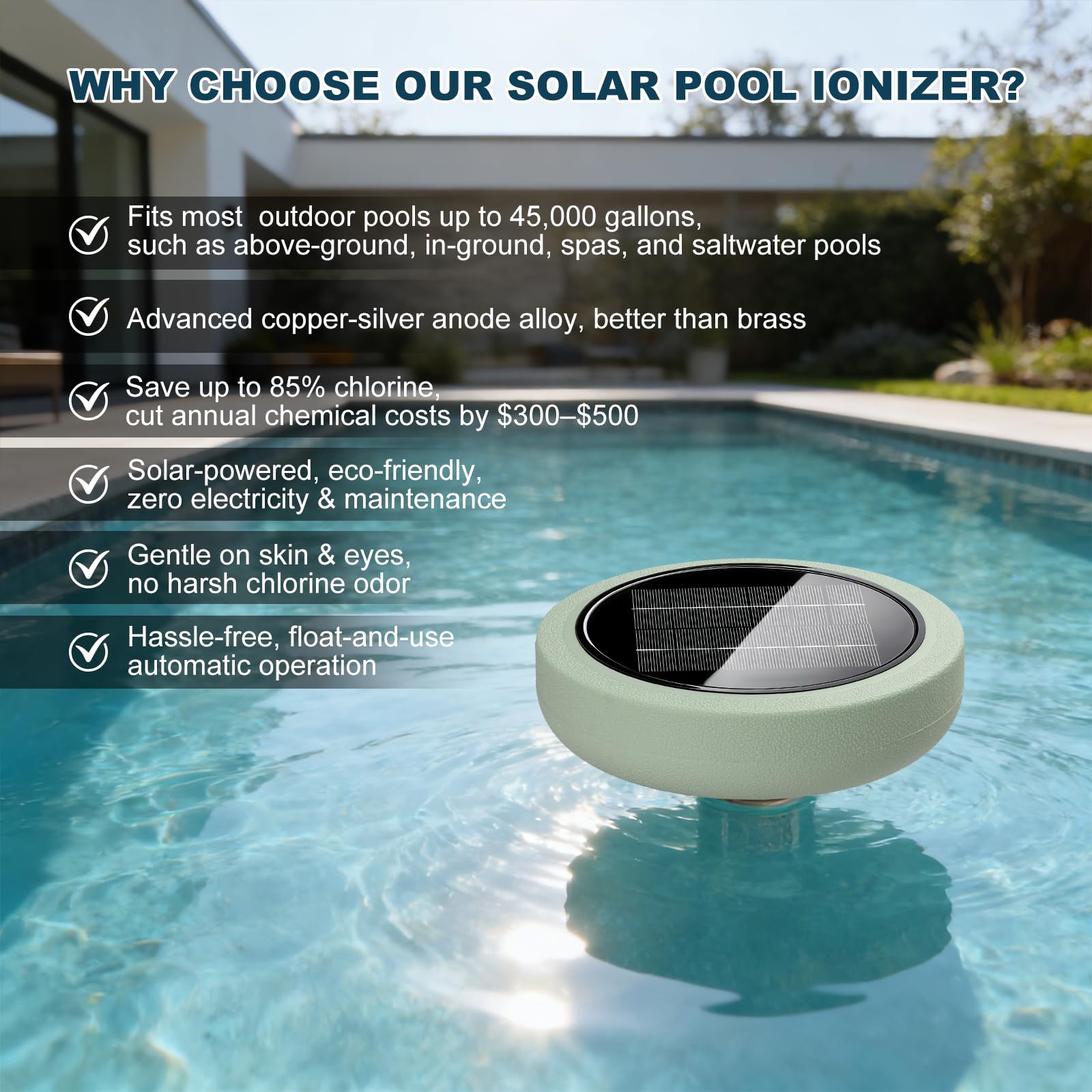 Ionizzatore Solare Per Piscine, Purificatore In Rame Per Piscine Domestiche, Pulitore Acqua Per Piscine Interrate E Fuori Terra, Portata Massima 151.400 Litri, Ideale Per La Tua Piscina (Azzurro)