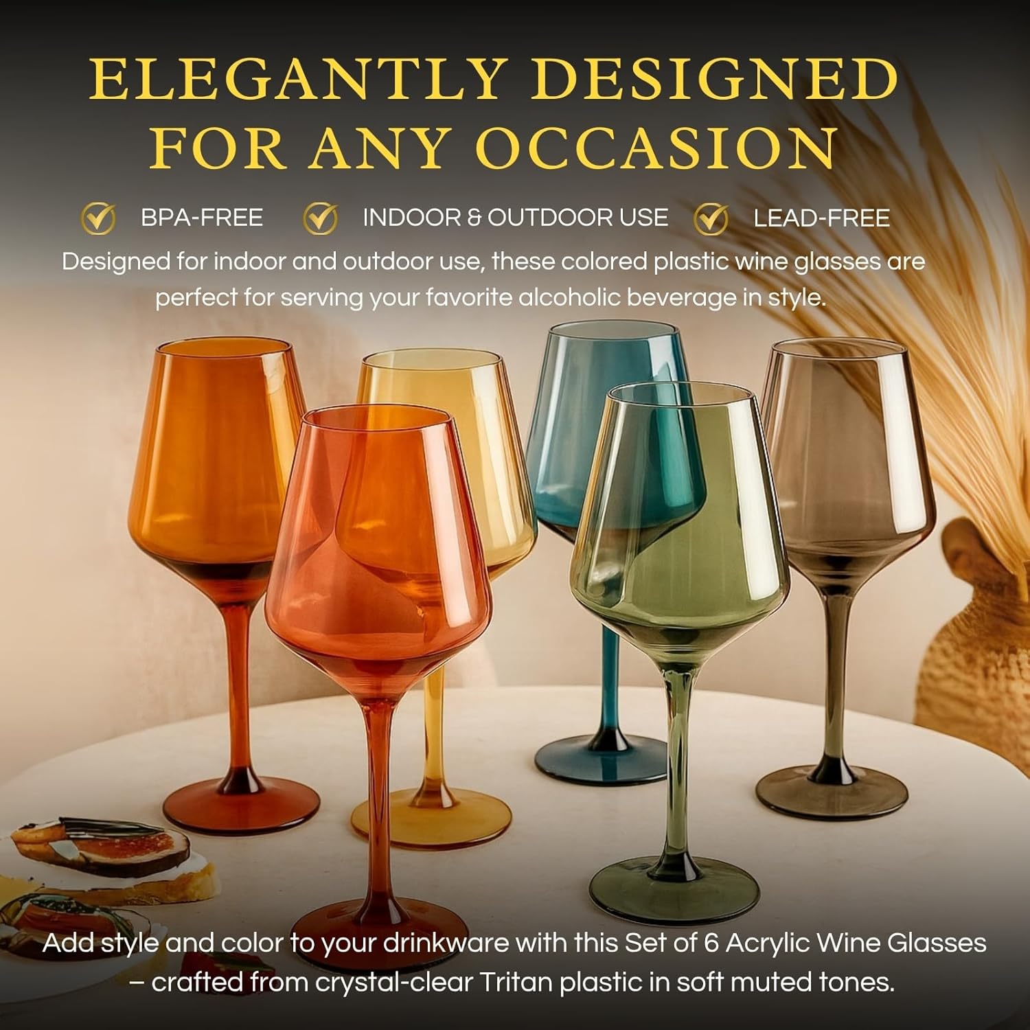 European Style Plastic Crystal, Stemmed Wine Glasses | Set of 6 | Acrylic Tritan Drinkware, Unbreakable Muted Color Shatterproof BPA-free, Reusable, Floating Pool & Indoor & Outdoor, Hand Wash 15oz - Image 2