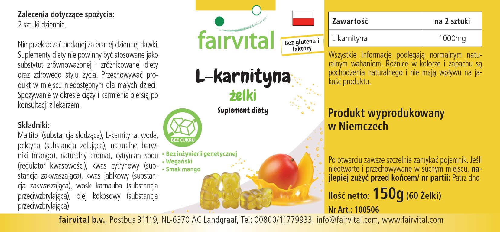 Fairvital | Żelki L-karnityna – 60 sztuk – 1000mg w dziennej dawce – smak mango – wysoka dawka – 100% wegańskie + bez cukru – sprawdzona jakość i wysoka dawka – wyprodukowane w Niemczech