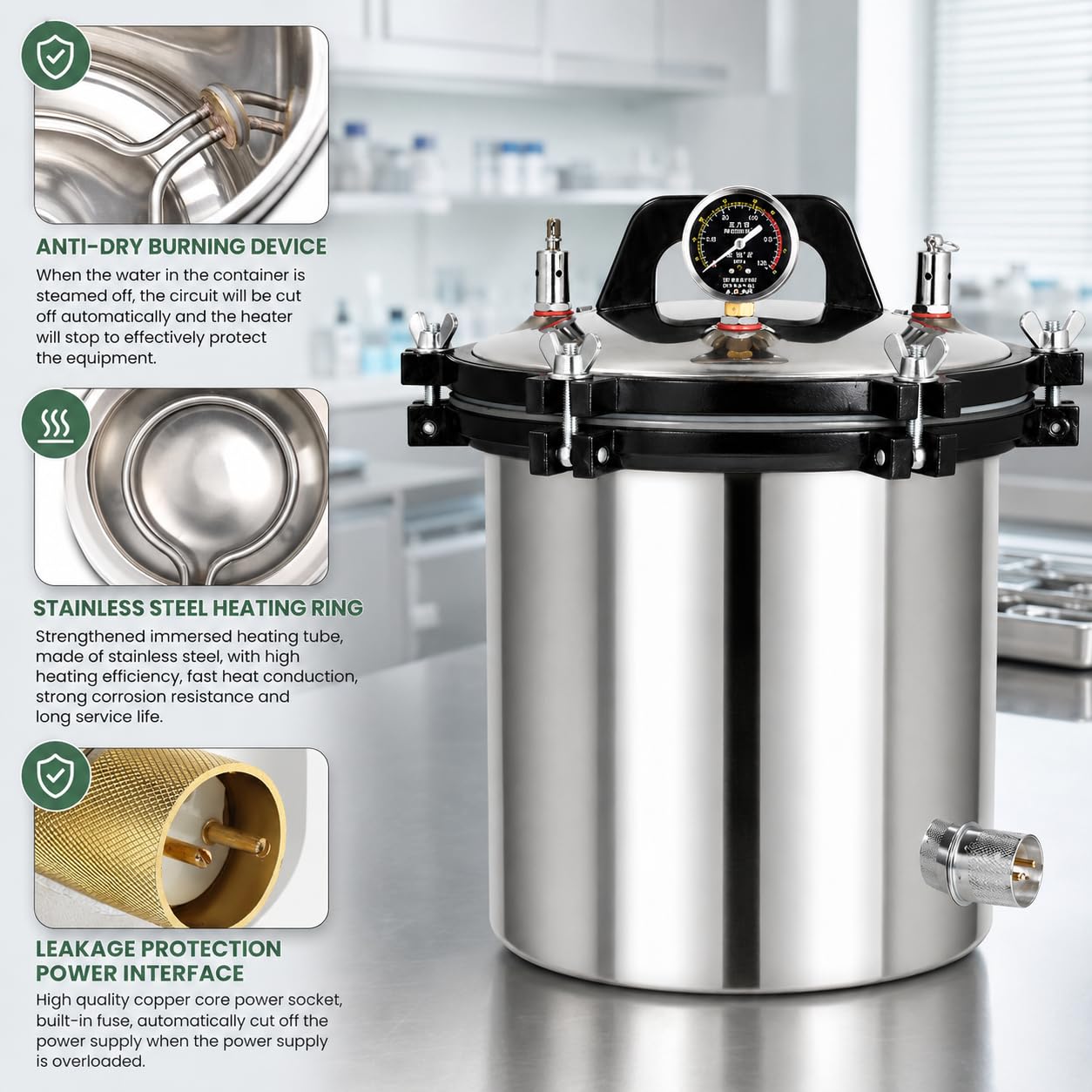 Esterilizador autoclave de vapor a presión portátil de 24 L, equipo de laboratorio de acero inoxidable con prevención de quemaduras secas y diseño de tres válvulas para una esterilización eficaz