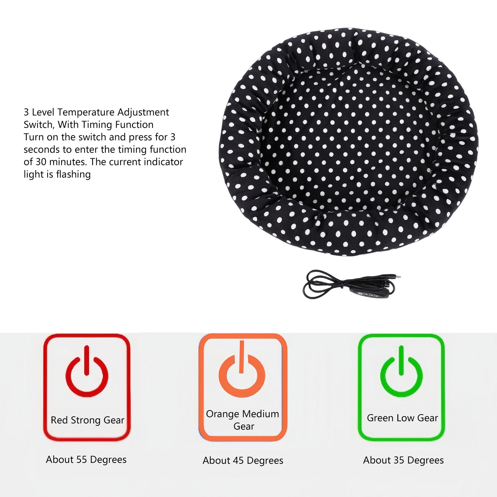 FILFEEL Tappetino Riscaldato USB per Cani e Gatti di Piccola Taglia - Tappetino Riscaldante Elettrico a 3 Temperature con Copertura in Flanella Lavabile Staccabile, Base Antiscivolo, Misura Rotonda