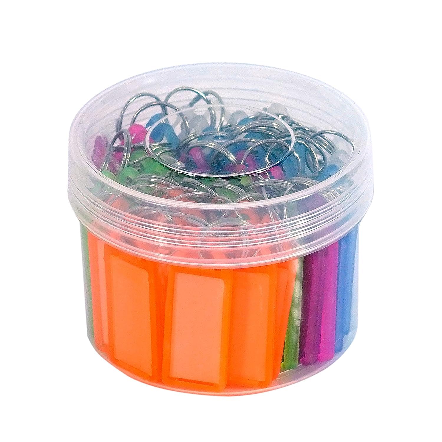 Pack of 50 Tough Plastic Key Tags with Split Ring Label Window, Key Chain ID Tags, Key Identifiers with Two Side Id Label, for Office, Home Key, with Container, 5 Color