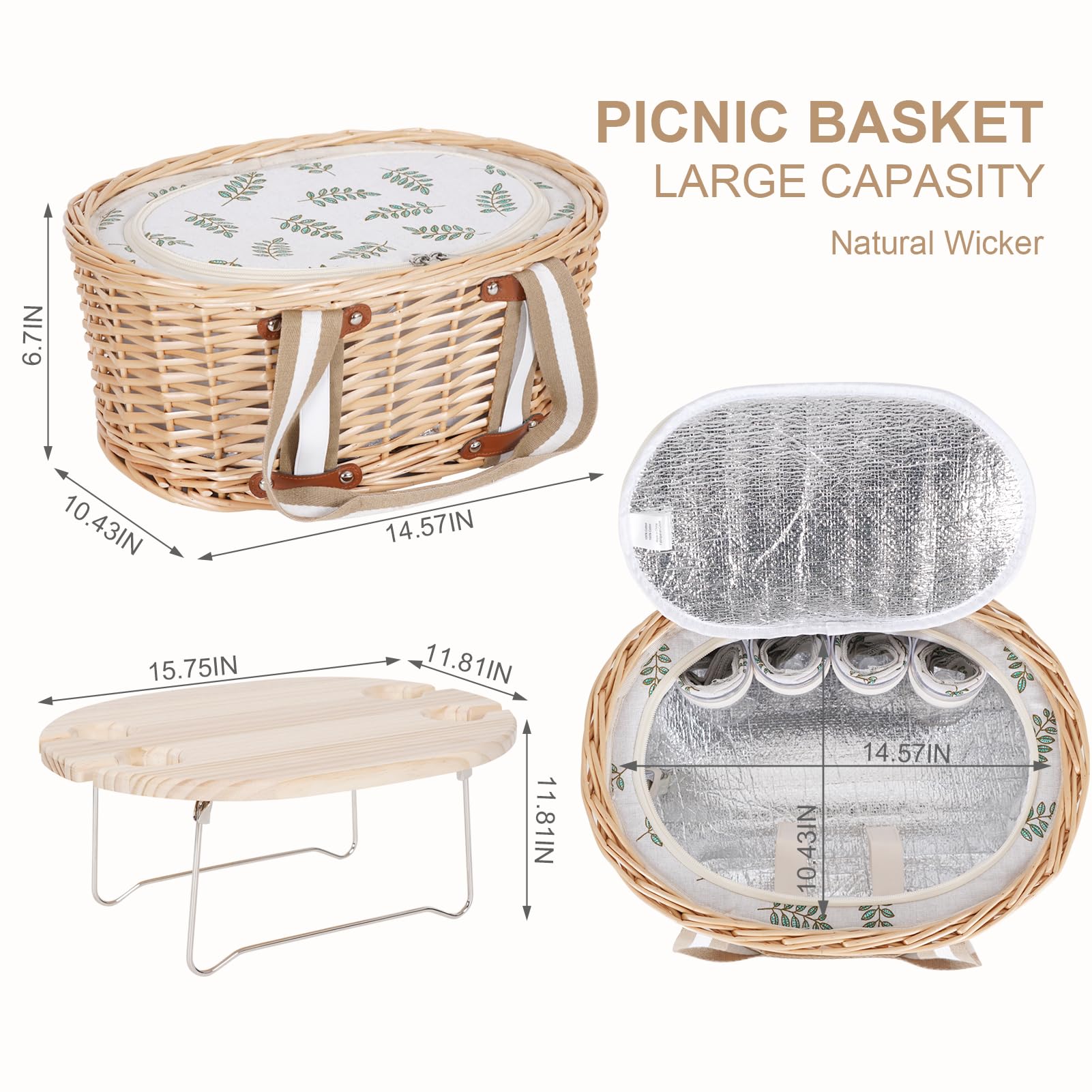 Set di cestini da picnic per 4 persone, cestino da picnic isolato in vimini con tavolo pieghevole per vino, kit da picnic con fodera per coppie, campeggio, all'aperto, San Valentino (foglia)