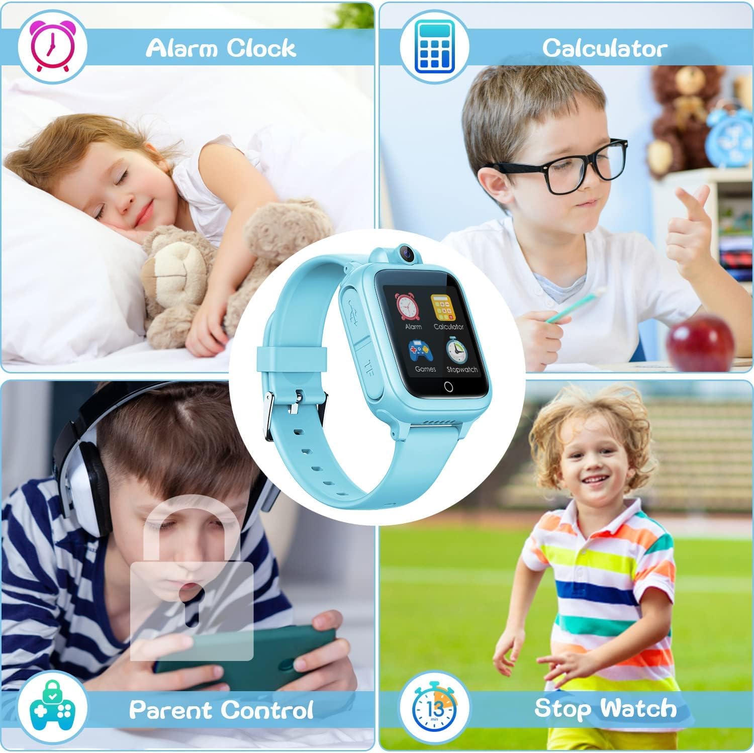 Awatty Smartwatch Kinder, Kinderuhr Jungen Mädchen, Kinderspielzeug 3 4 5 6 7 8 9 10 11 12 Jahre, Geburtstagsgeschenke, mit 90° drehbare Kamera, 14 Spiele, Musik, Wecker, Stoppuhr, Datum - Blau