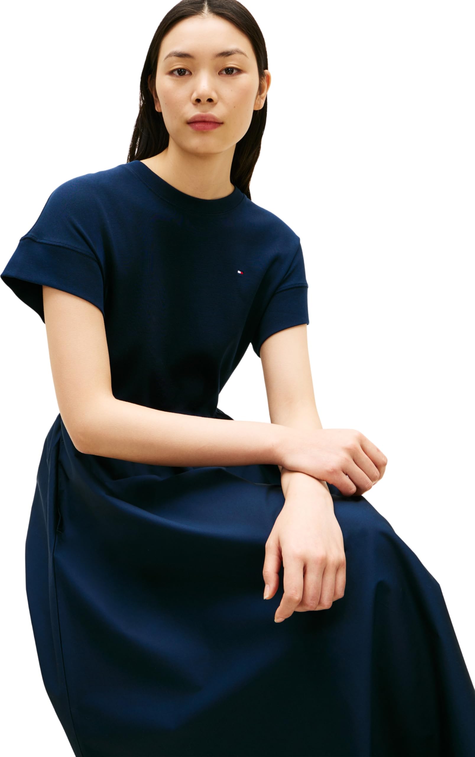 Tommy Hilfiger Damen Cody Mix Media C-nk Midi Dress Ww0ww51148 Ausgestelltes Kleid (1er Pack)