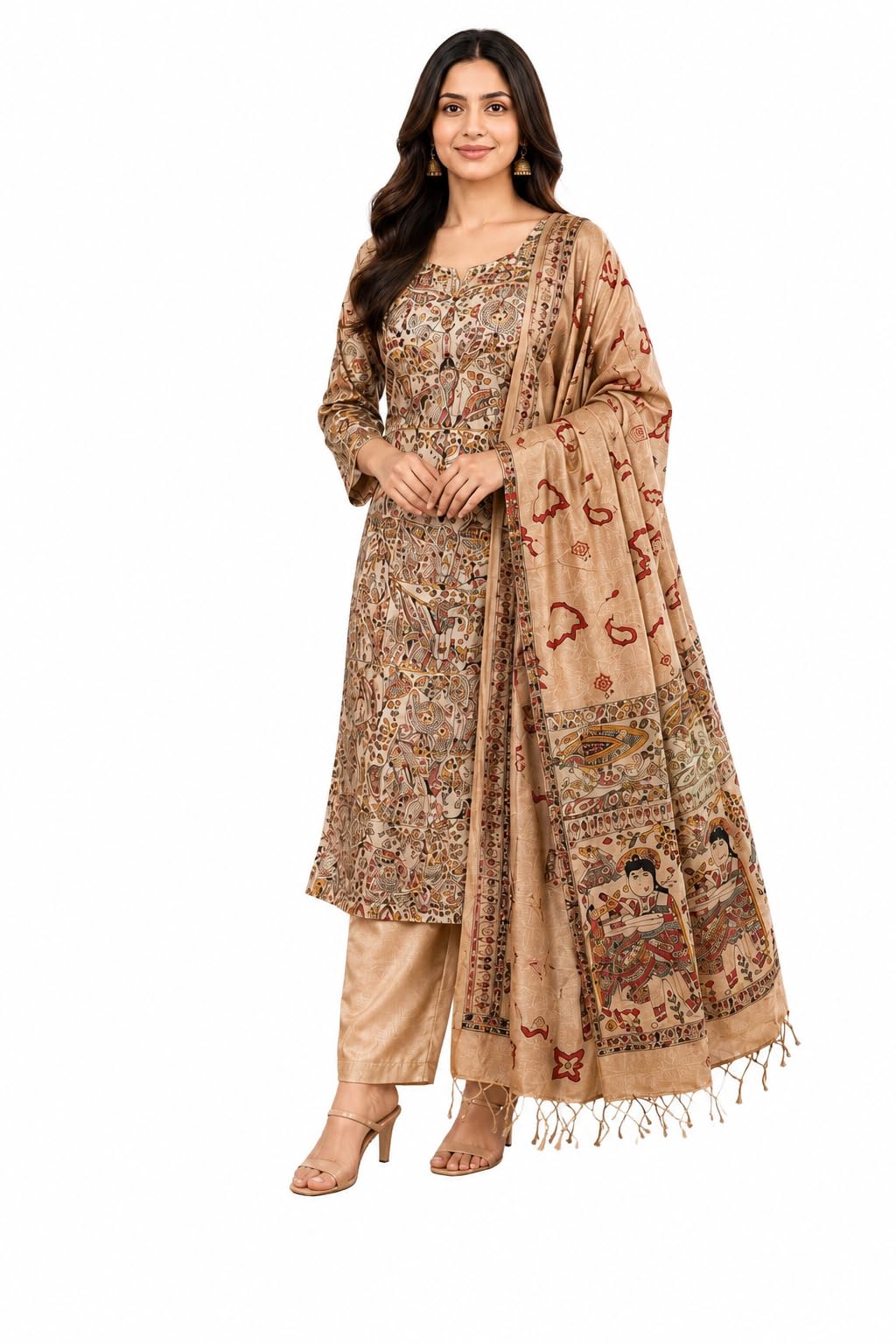 Madhubani Print Suit Set for Women with Dupatta | Handloom Semi Tussar Silk Printed Unstitched Salwar Suit Dress | (BROWN)-image-20