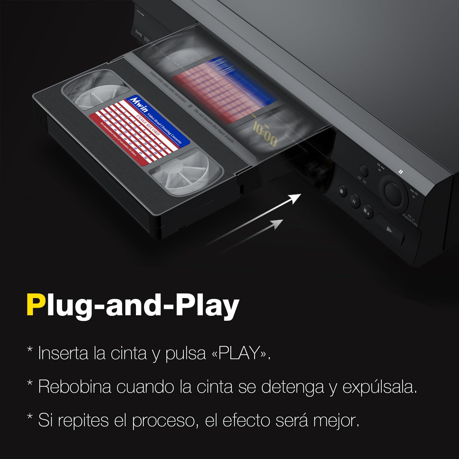 Mwin VHS Video Head Cleaner per VHS/VCR Players, tecnologia a secco - Nessun fluido richiesto riutilizzabile 50 volte
