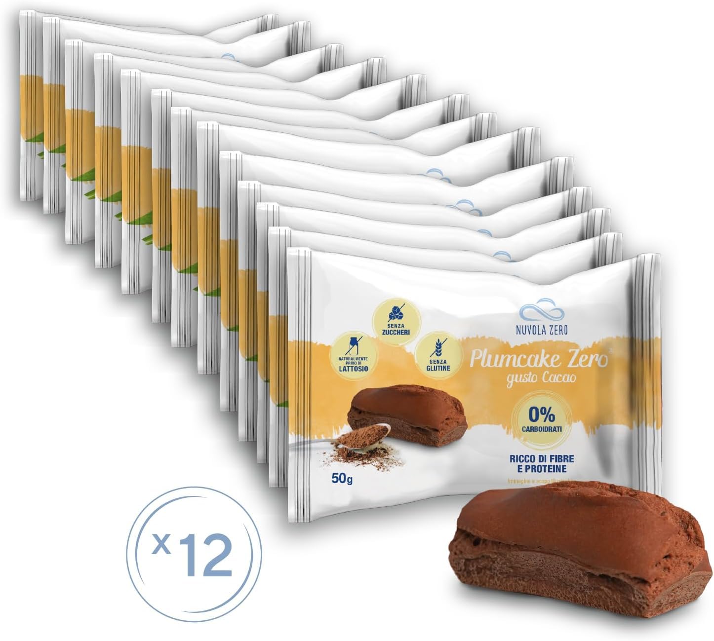 Nuvola Zero - Plumcake Zero Sabor Cacao Sin Carbohidratos, Snacks Sin Lactosa, Sin Azúcar, Sin Gluten, Rico en Fibra, Pack de 12 uds, Made in Italy