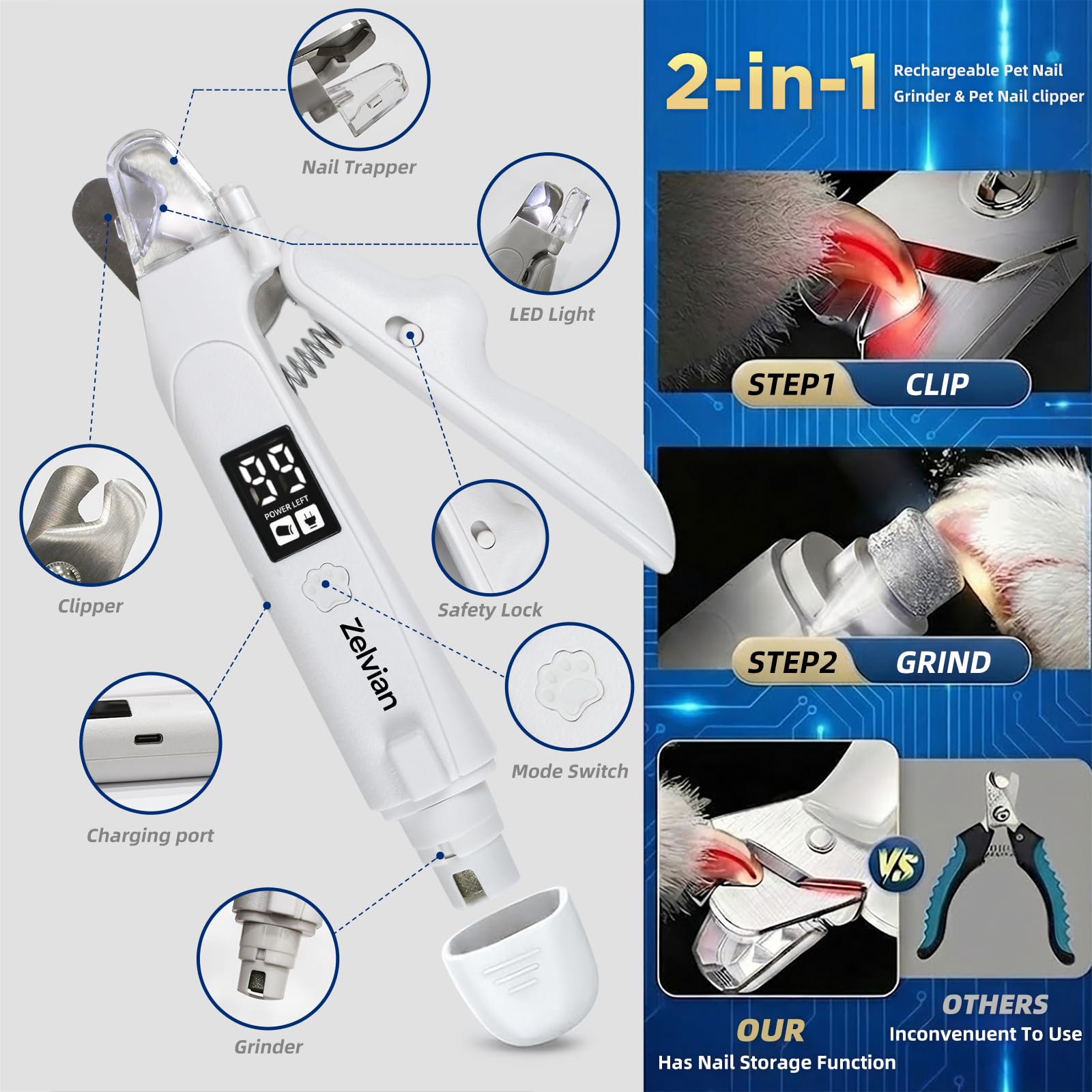 Coupe-ongles et broyeur 2 en 1 pour chat et chien avec lumière LED, coupe-griffes à faible bruit pour chiens et chats de grande, moyenne et petite, outil de toilettage rechargeable par USB avec