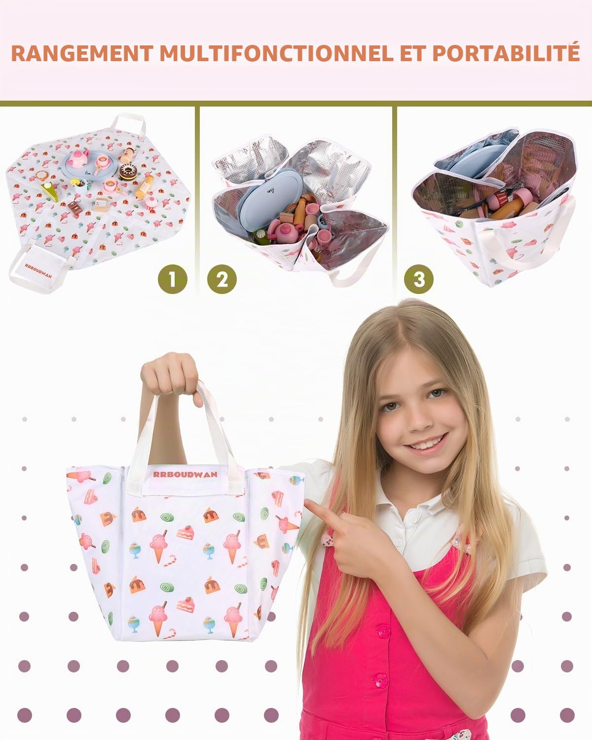 Jouets alimentaires en bois pour enfants avec crème glacée, boissons, tasse, théière et sac de rangement, service à thé pour filles, cadeau pour anniversaire, Noël, Halloween et Pâques