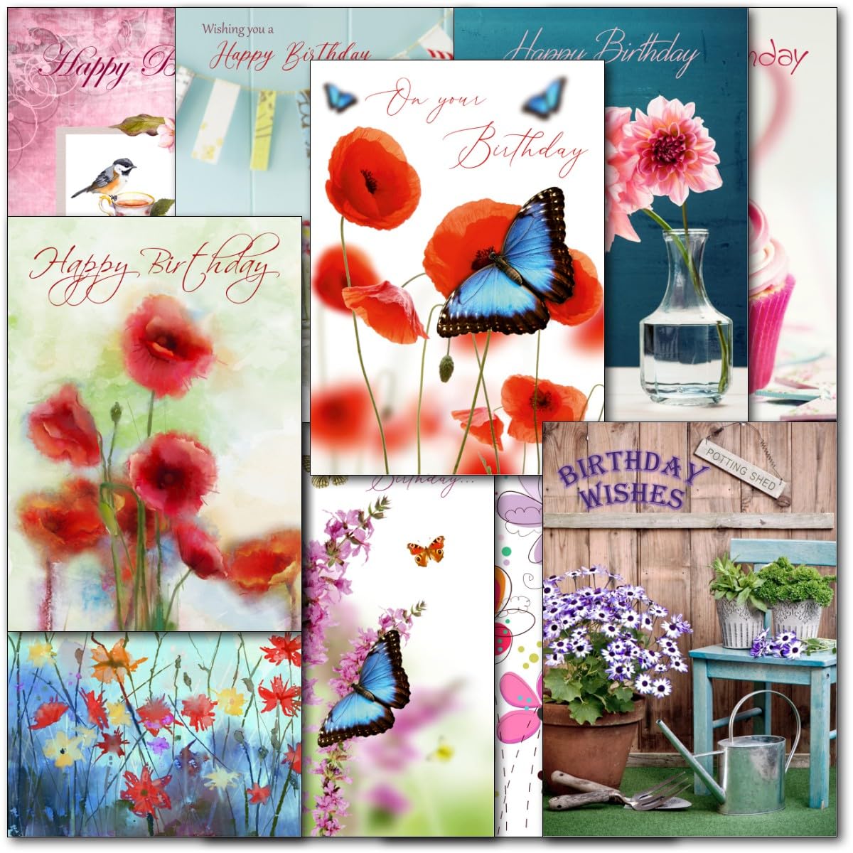 doodlecards Pack of 10 Mixed Mixed Female Happy Birthday Cards with envelopes Flowers, Cupcakes, Birds, Butterfly cards. Printed in UK, Premium Quality & 100% Recyclable.