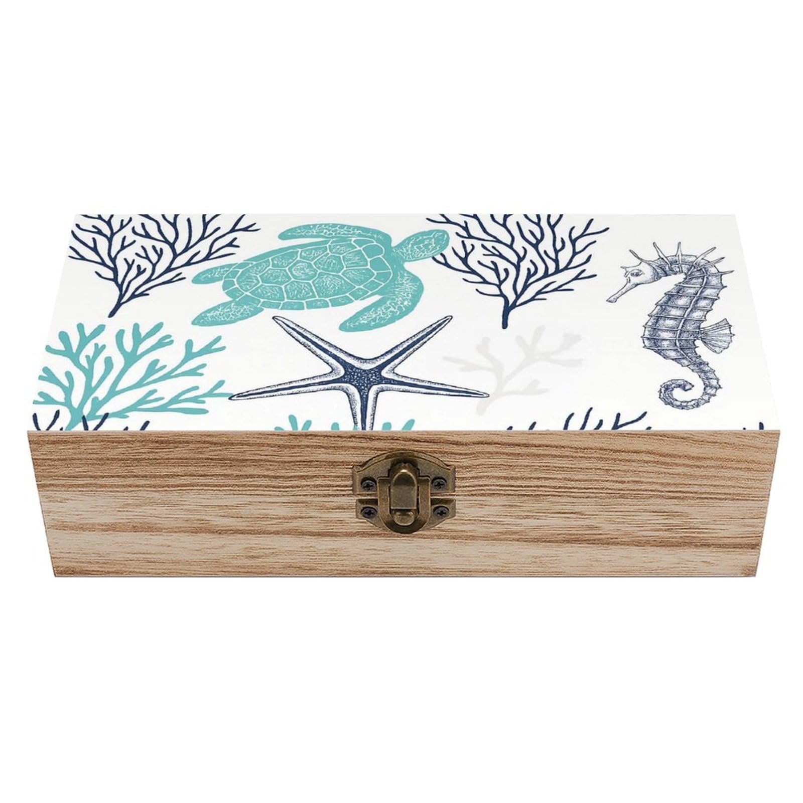 SMAZDFXX Turquoise Navy Blue Sea Turtle Coral Wooden Storage Box Multipurpose Decorative Box for Jewelry Photo Home Decor